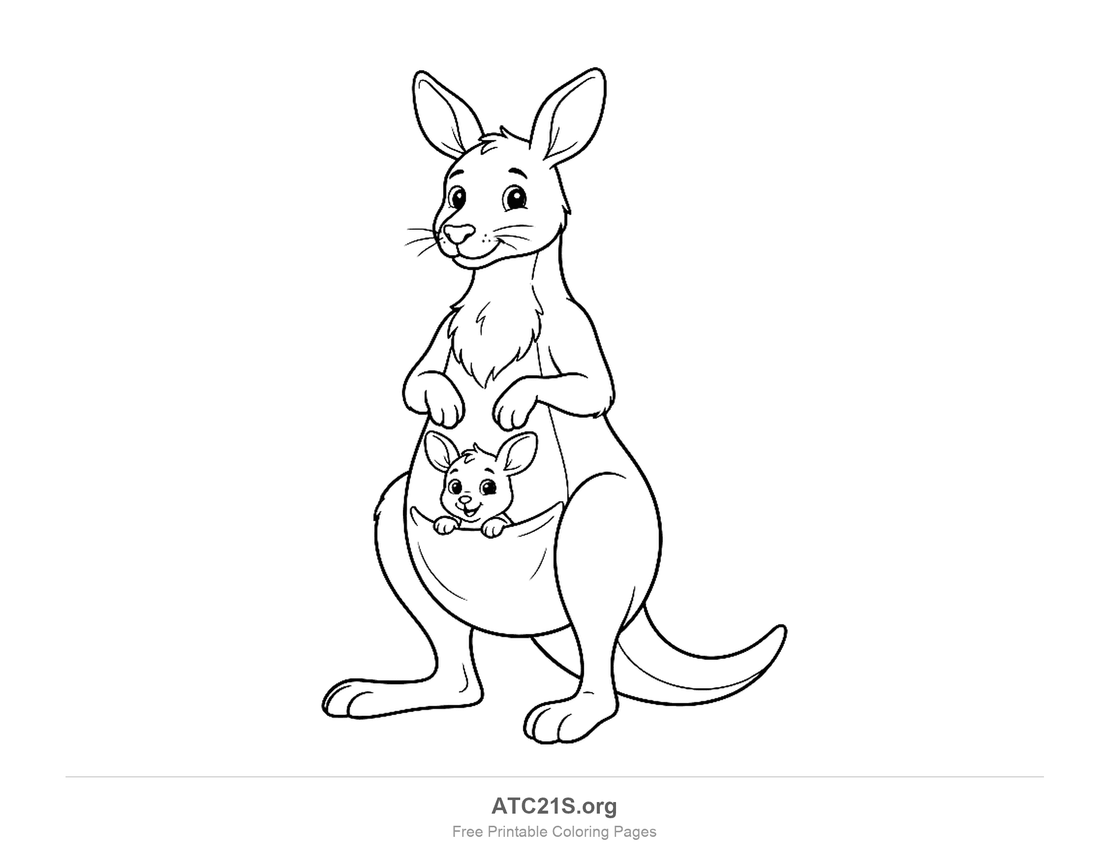 Mother kangaroo standing upright with a baby joey peeking out of her pouch, whiskers and chest fur, coloring page for older kids