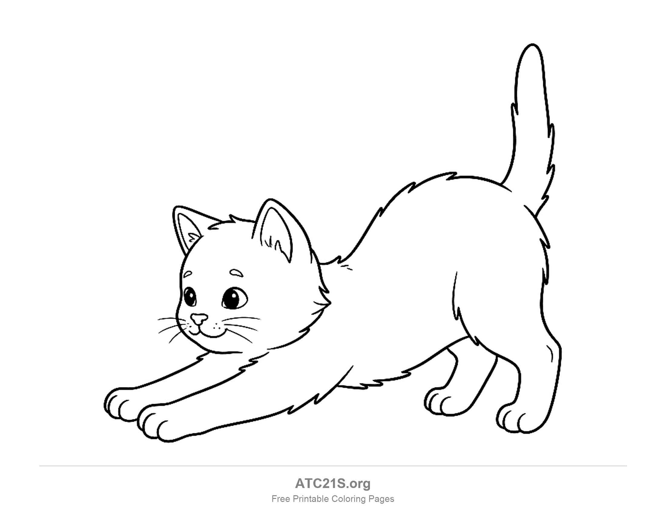 Simple kitten stretching with its front paws reaching forward, rump in the air and tail pointing straight up, easy coloring page for preschoolers