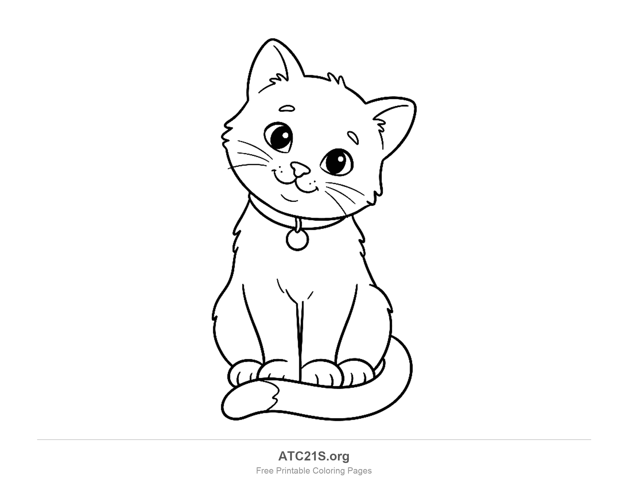 Cute kitten sitting upright wearing a collar with a round tag, head slightly tilted and tail wrapped around its paws, printable coloring page