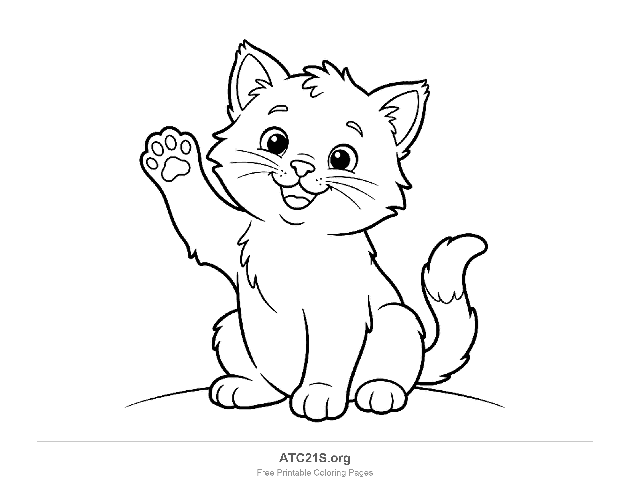 Happy kitten sitting and waving one front paw in the air with the paw pads showing, coloring page to print