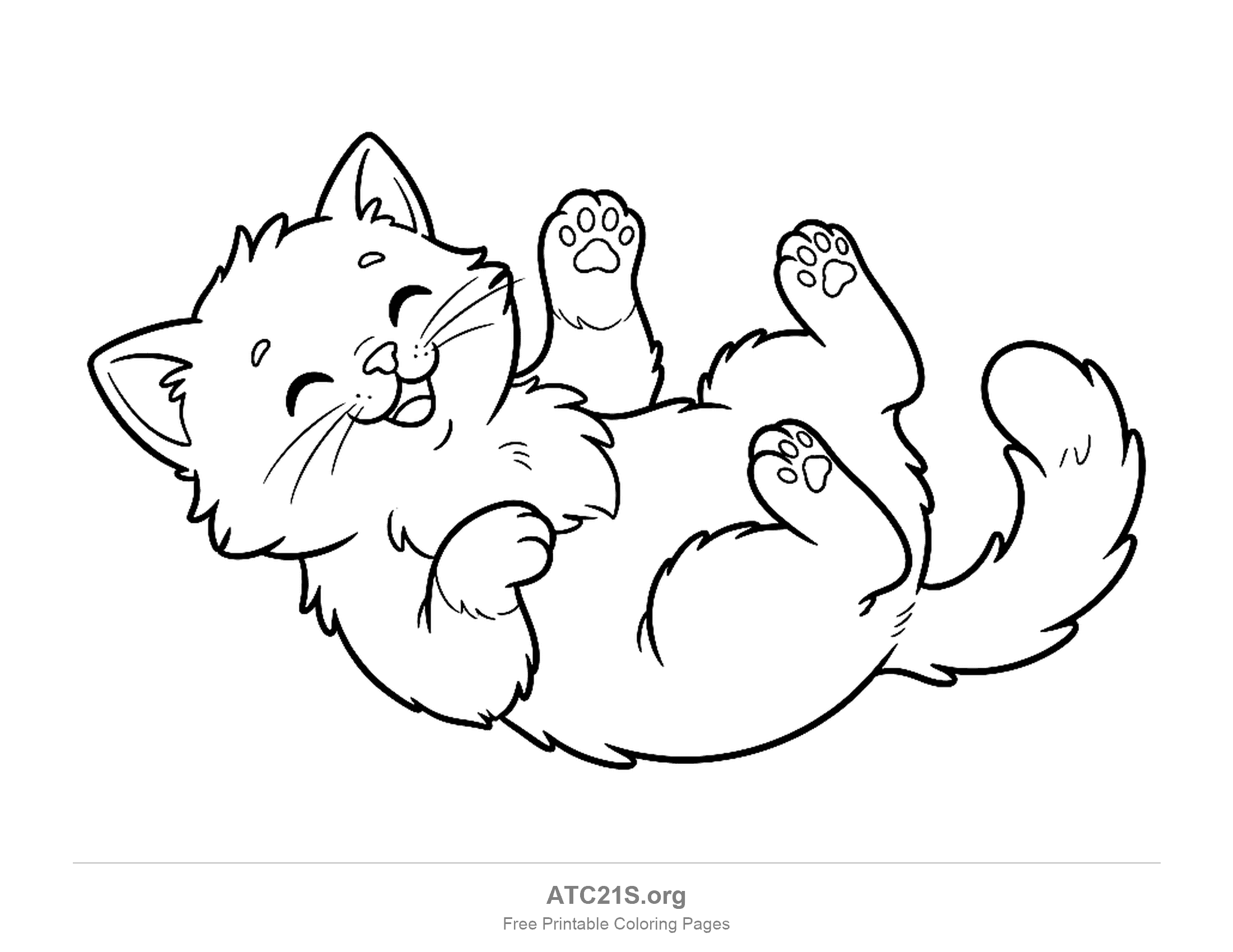Happy kitten rolling on its back with its belly up, three paws in the air and eyes squeezed shut, coloring page for kids