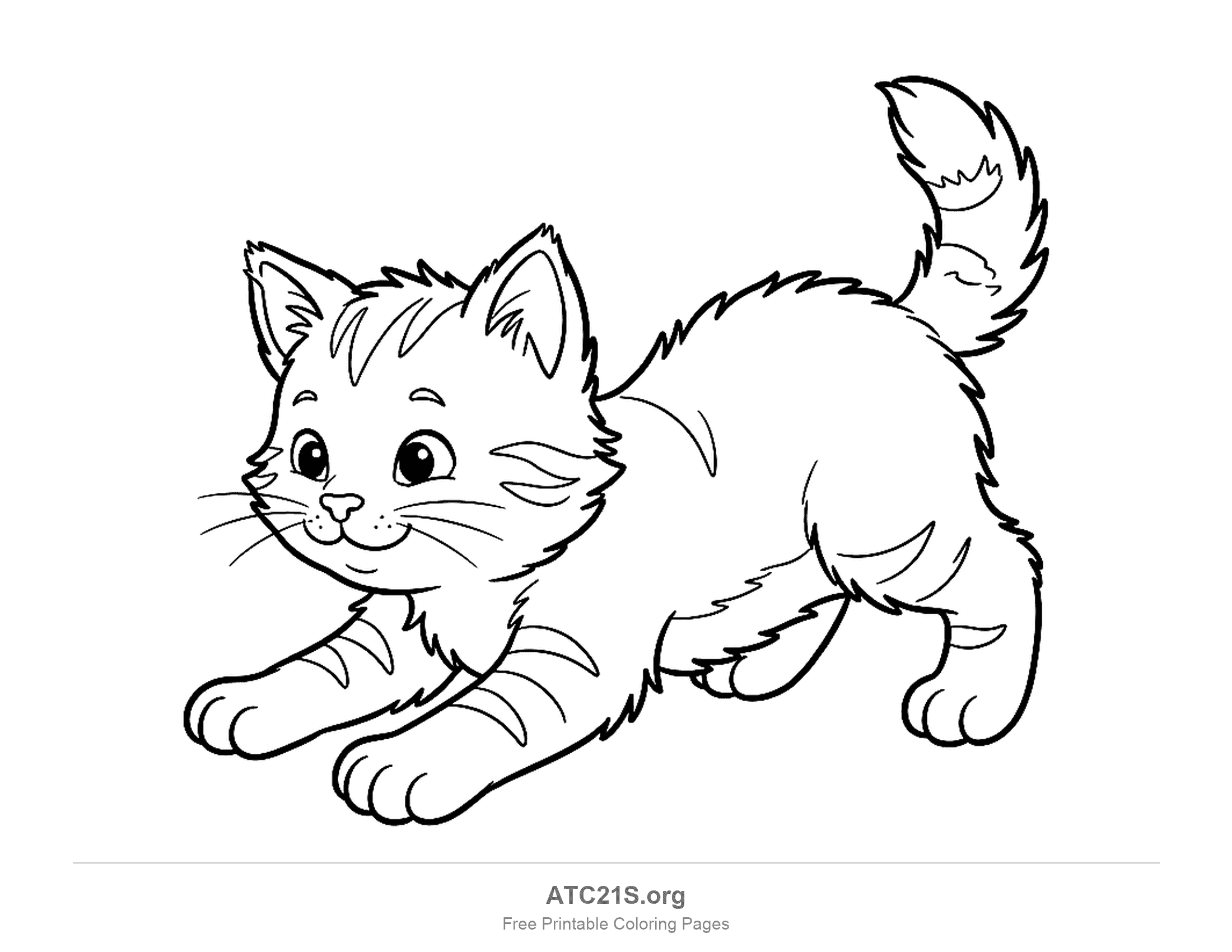 Playful kitten crouched to pounce with striped front legs, fluffy fur and a bushy tail held high, coloring page for kids
