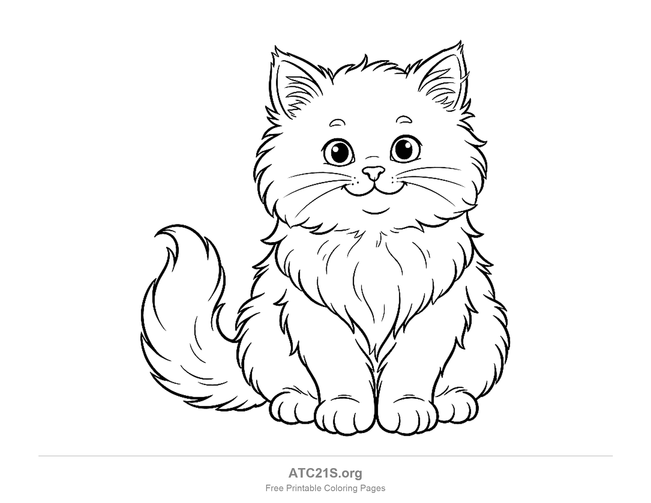 Fluffy long-haired kitten sitting front-on with a thick ruff of chest fur and a plumed tail, detailed coloring page for older kids