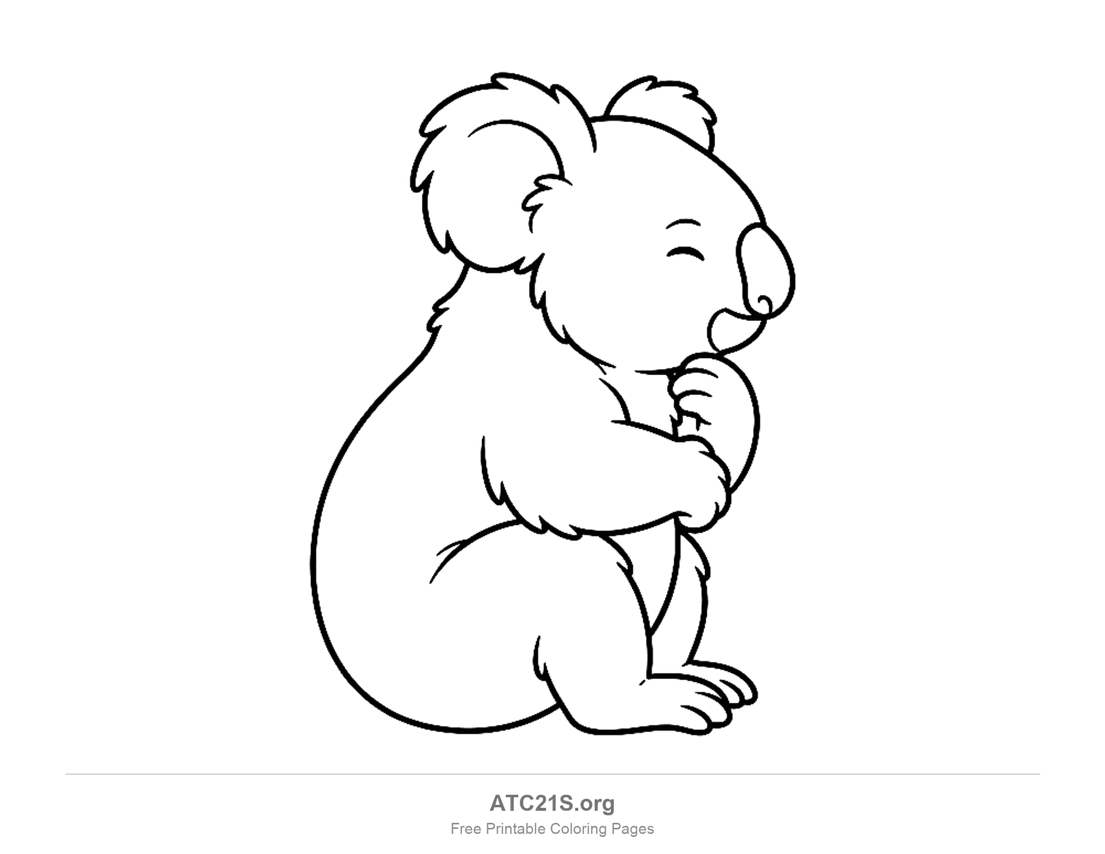 Koala sitting in side profile with closed smiling eyes and one paw raised to its chin, simple coloring page for preschoolers