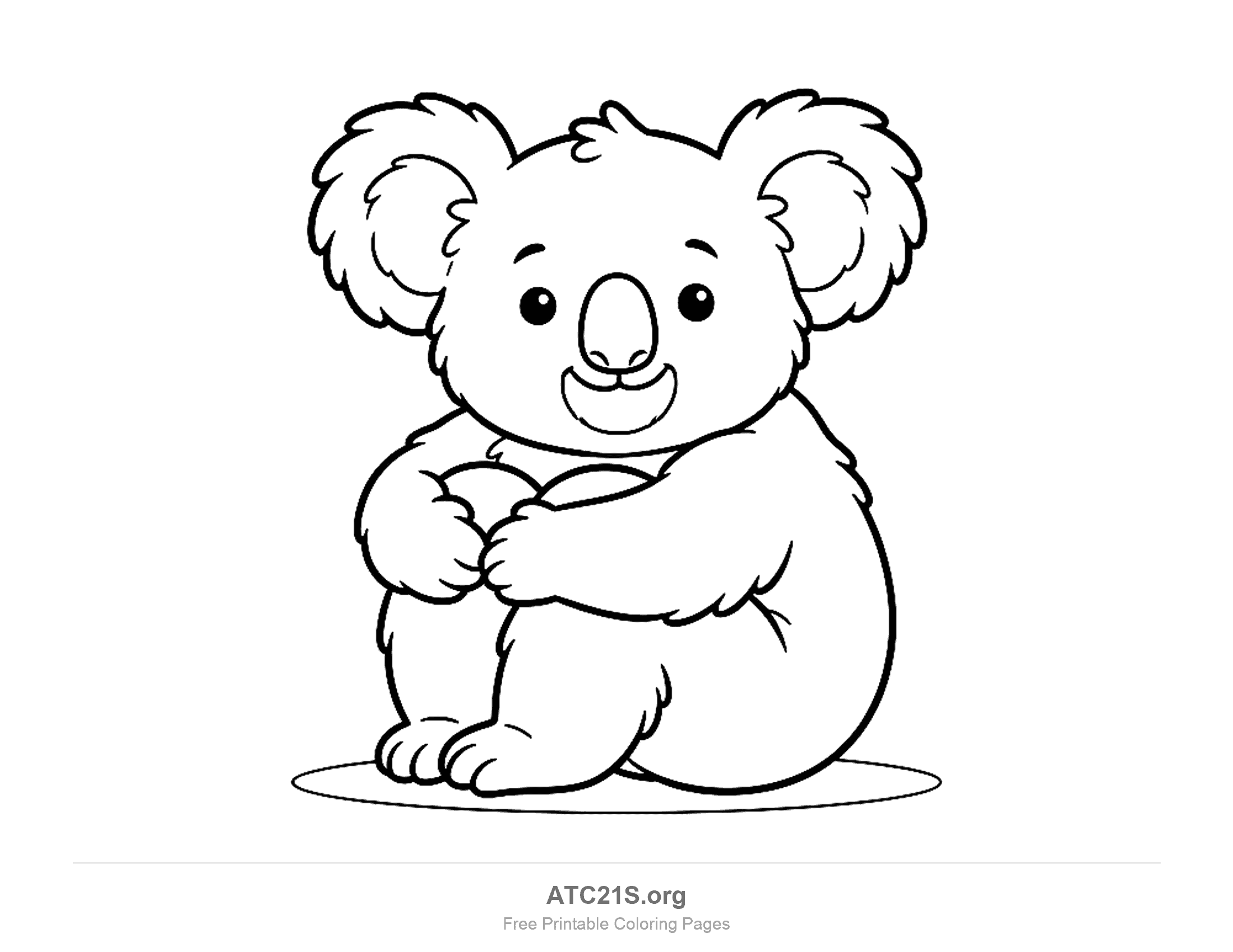 Cute cartoon koala sitting and hugging its knees with round fluffy ears and a smile, printable coloring page