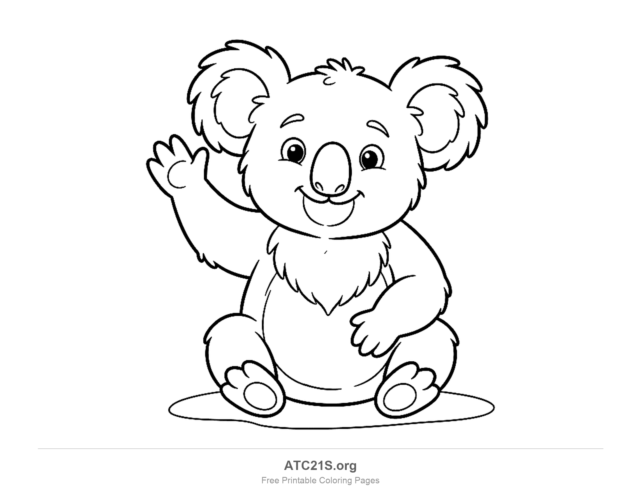 Cute koala sitting front-on waving one paw, with a fluffy chest, tufted ears and paw pads showing, coloring page to print
