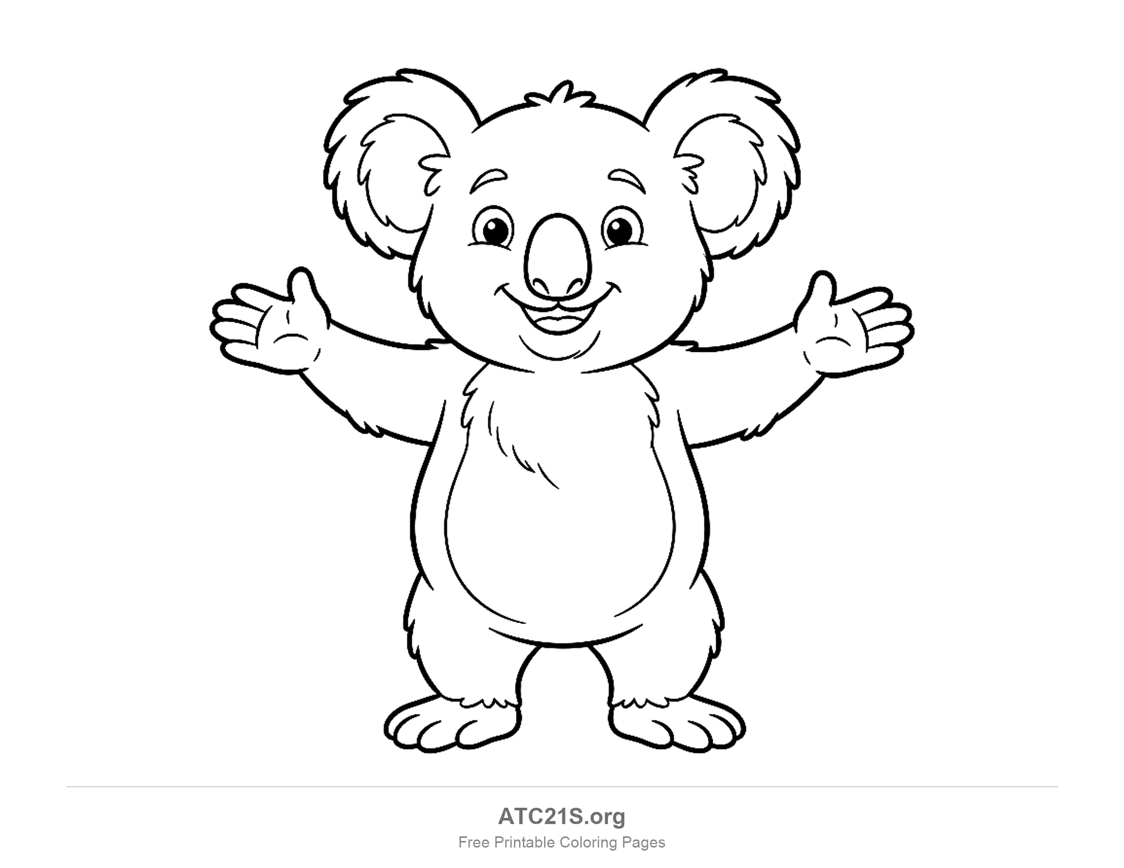Happy koala standing upright with both arms stretched wide, a fluffy chest and a big smile, coloring page for kids