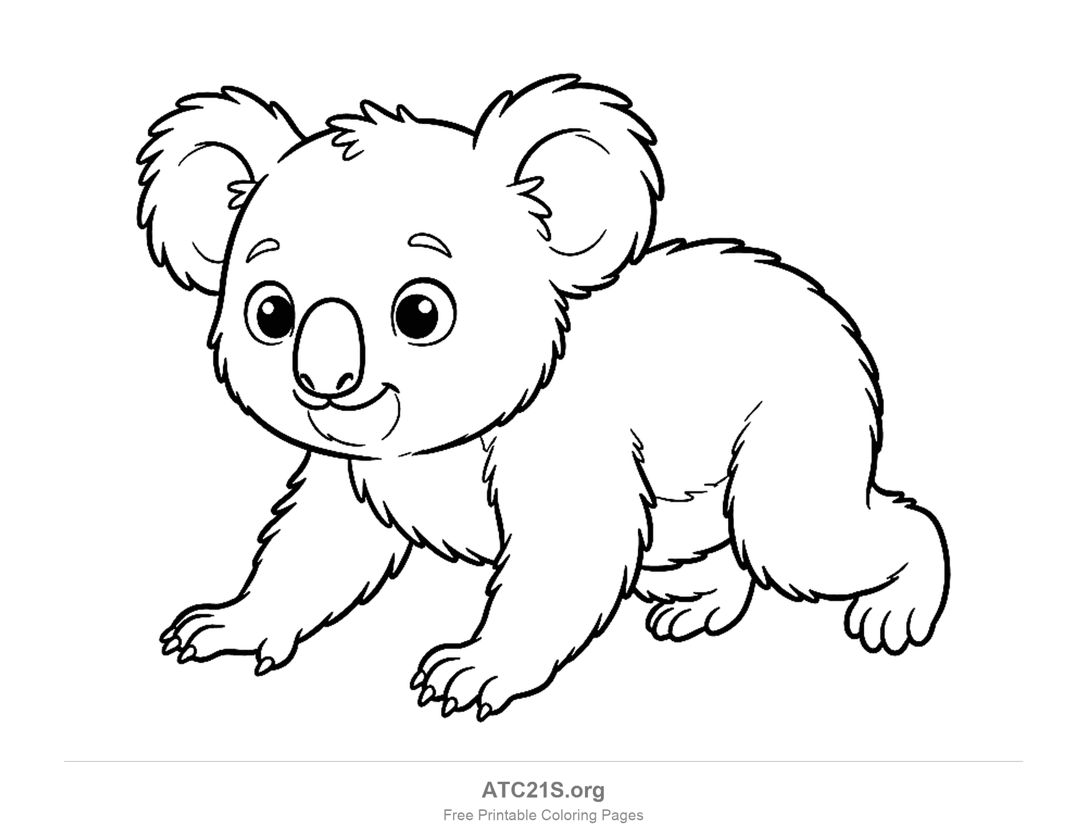 Cute baby koala crawling on all fours toward the viewer with big round eyes and claws on its paws, coloring page