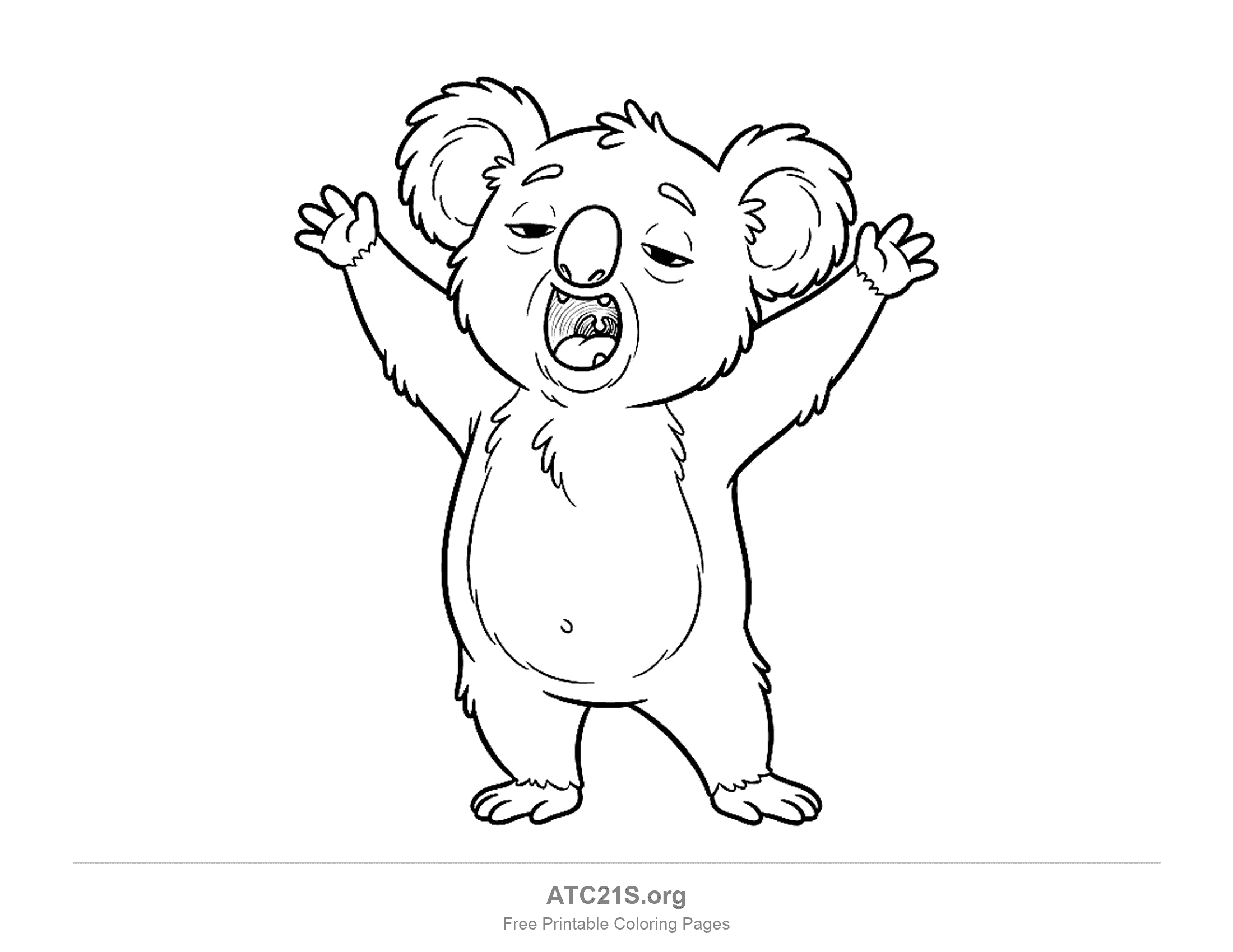 Koala standing with both arms raised and its mouth wide open in a yawn, showing a tongue and sleepy half-closed eyes, coloring page