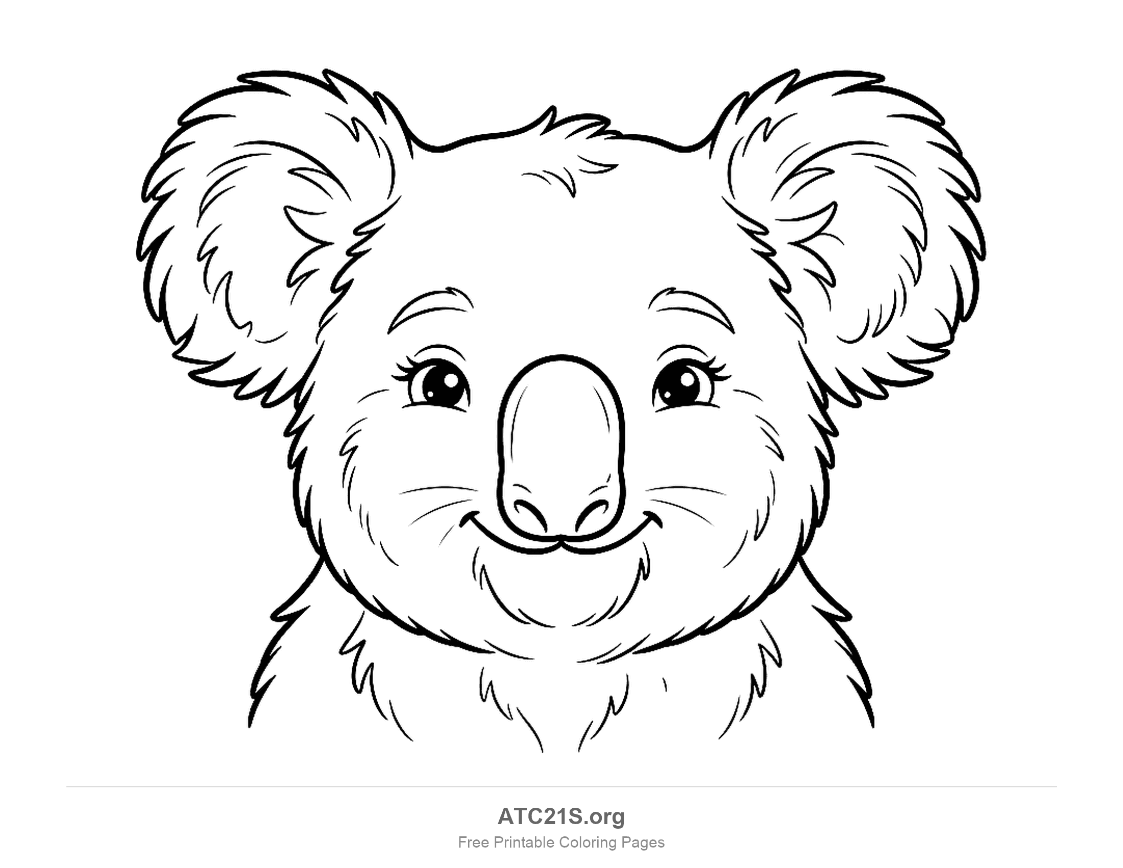 Detailed close-up koala face with fluffy textured ears, whiskers, eyelashes and a large nose, coloring page for older kids