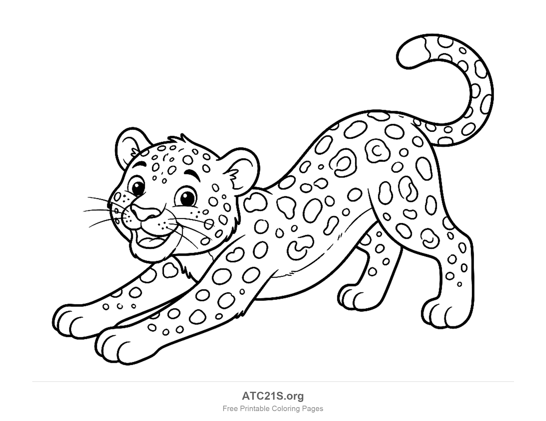 Playful cartoon leopard stretching its front paws forward with its back arched, tongue out and a spotted tail raised, simple coloring page for preschoolers