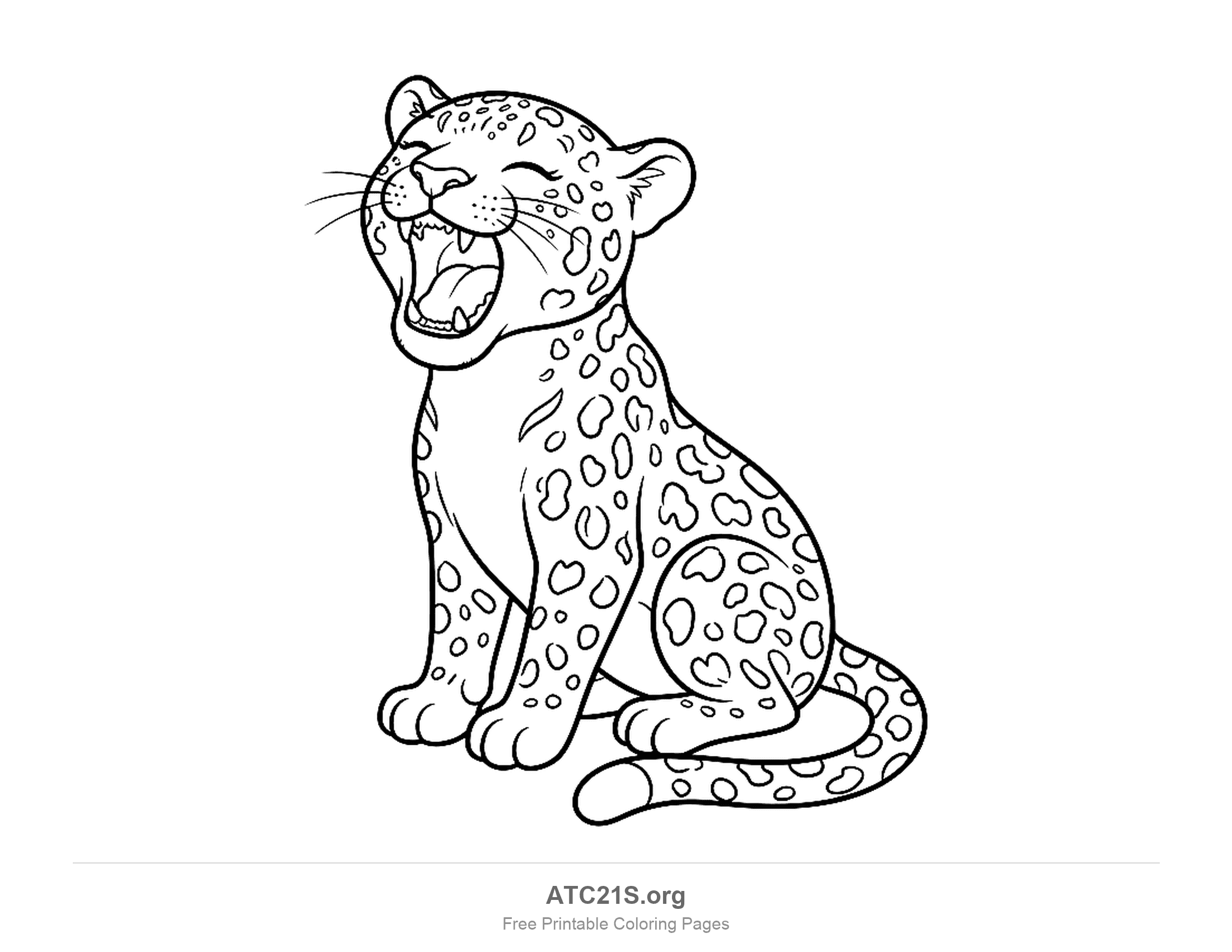 Sitting leopard with its mouth wide open in a yawn, eyes closed and a spotted coat, coloring page to print