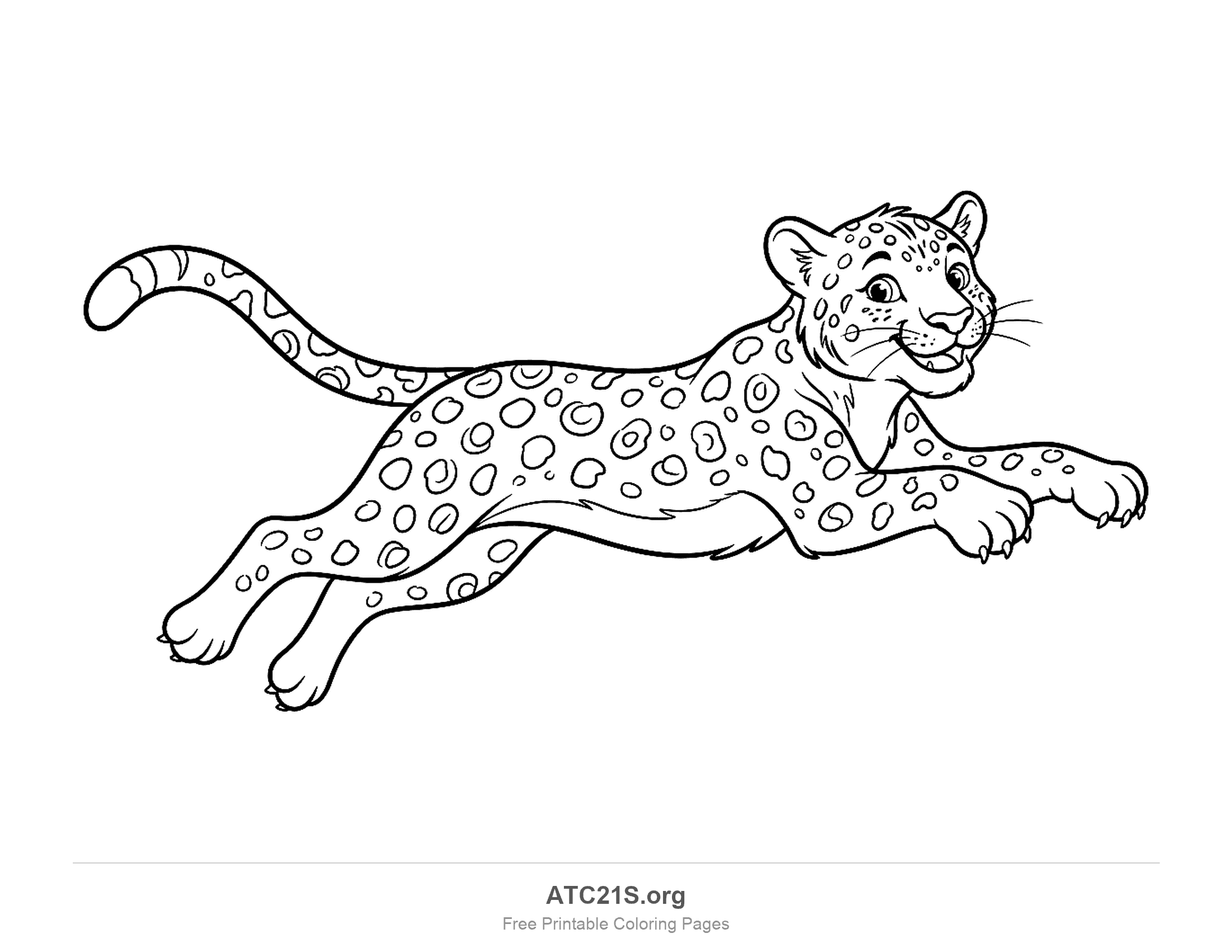 Leopard leaping through the air with all four legs stretched, a long spotted tail and an open smiling mouth, coloring page for kids
