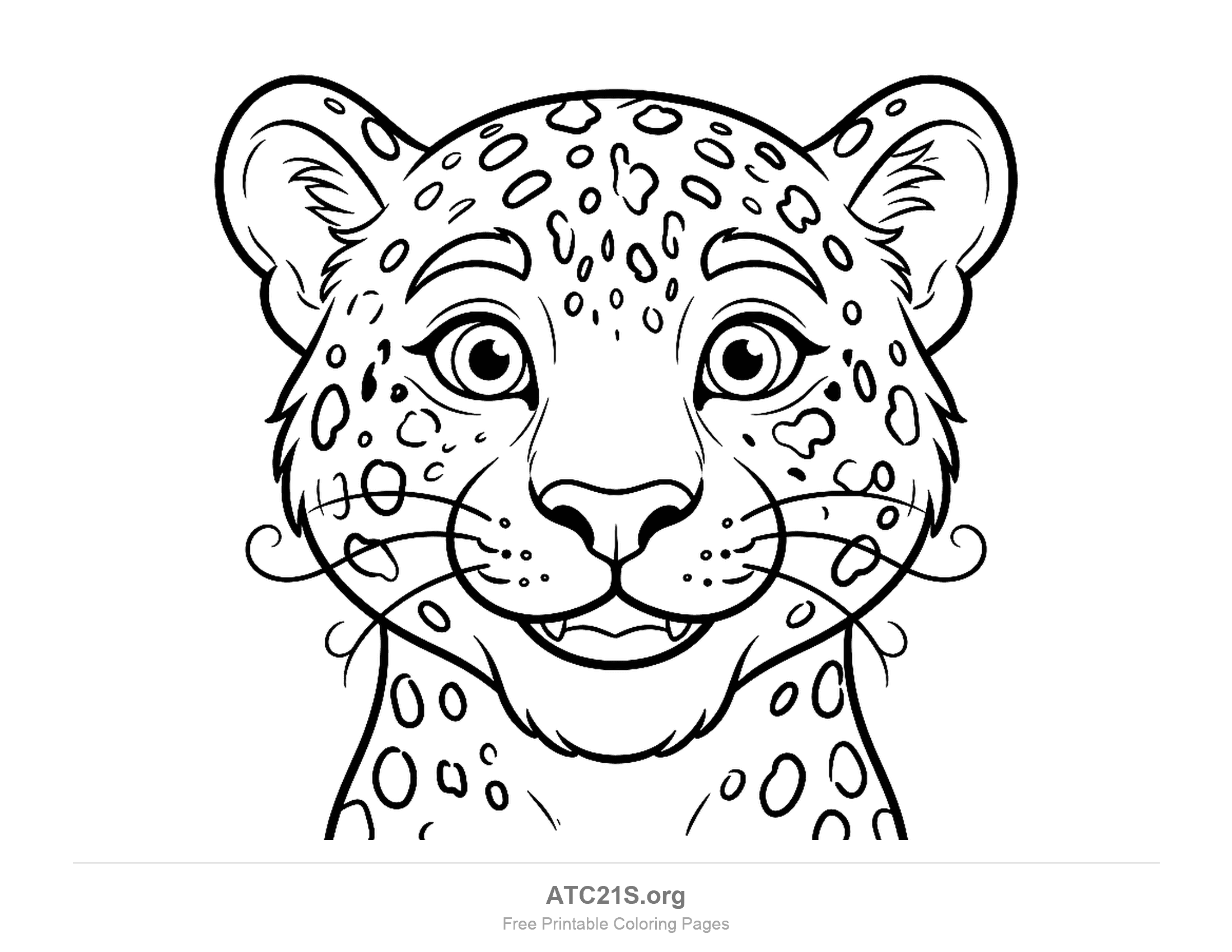 Close-up leopard face with large eyes, whiskers, small fangs, inner-ear detail and a coat of rosette spots, detailed coloring page for older kids