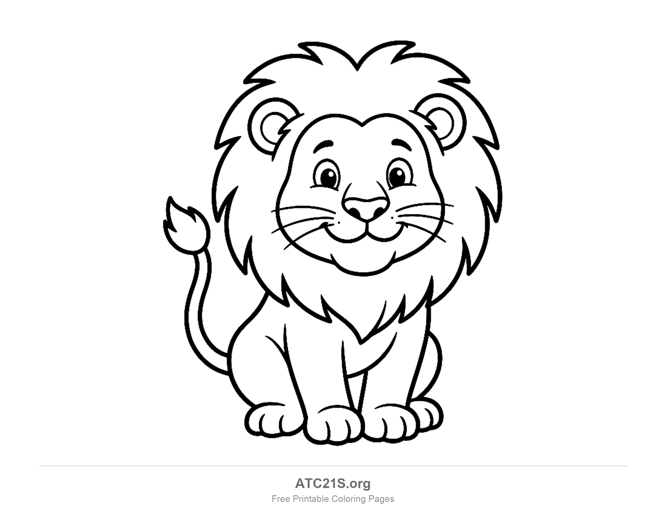 Smiling cartoon lion sitting front-on, simple coloring page for preschoolers