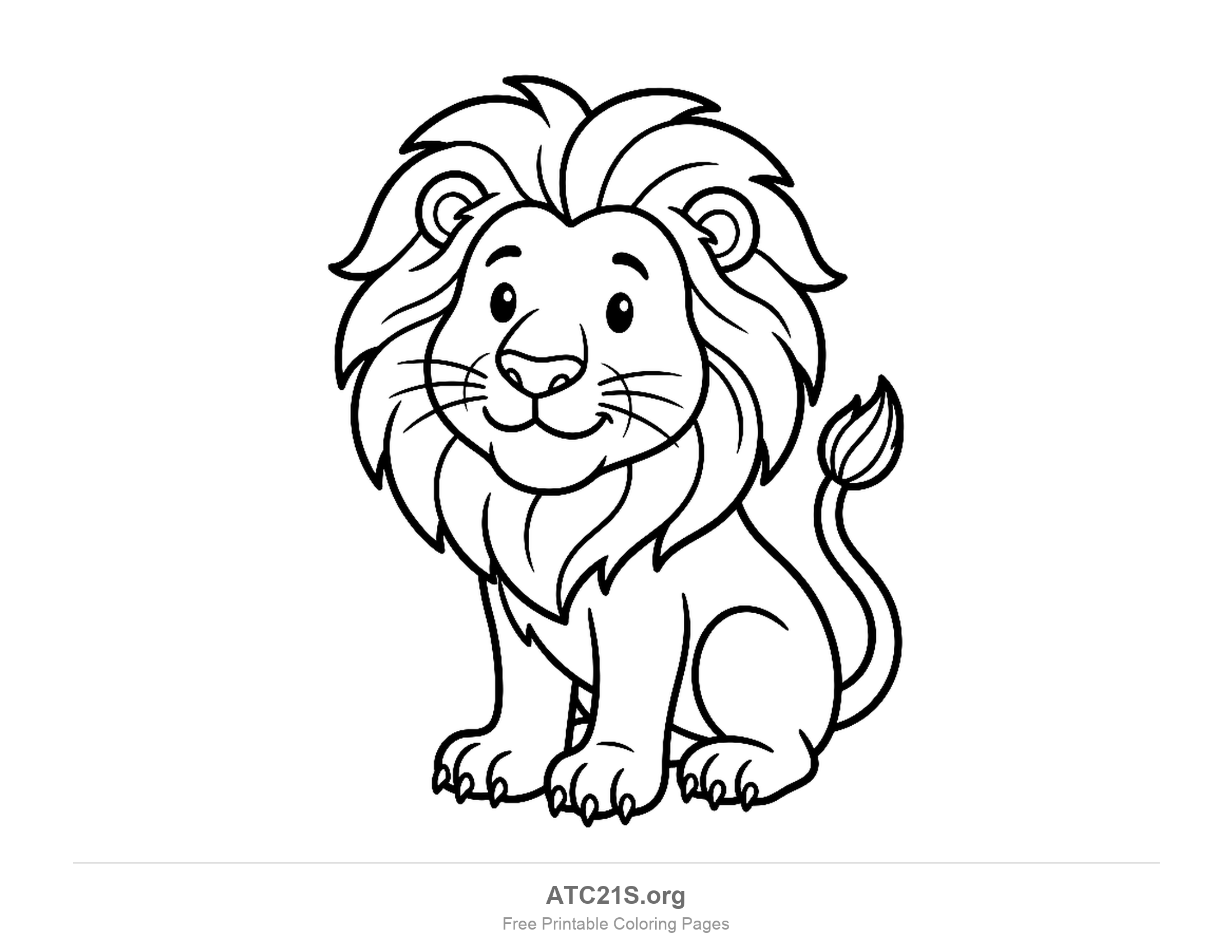 Friendly young lion cub sitting and smiling, printable coloring page