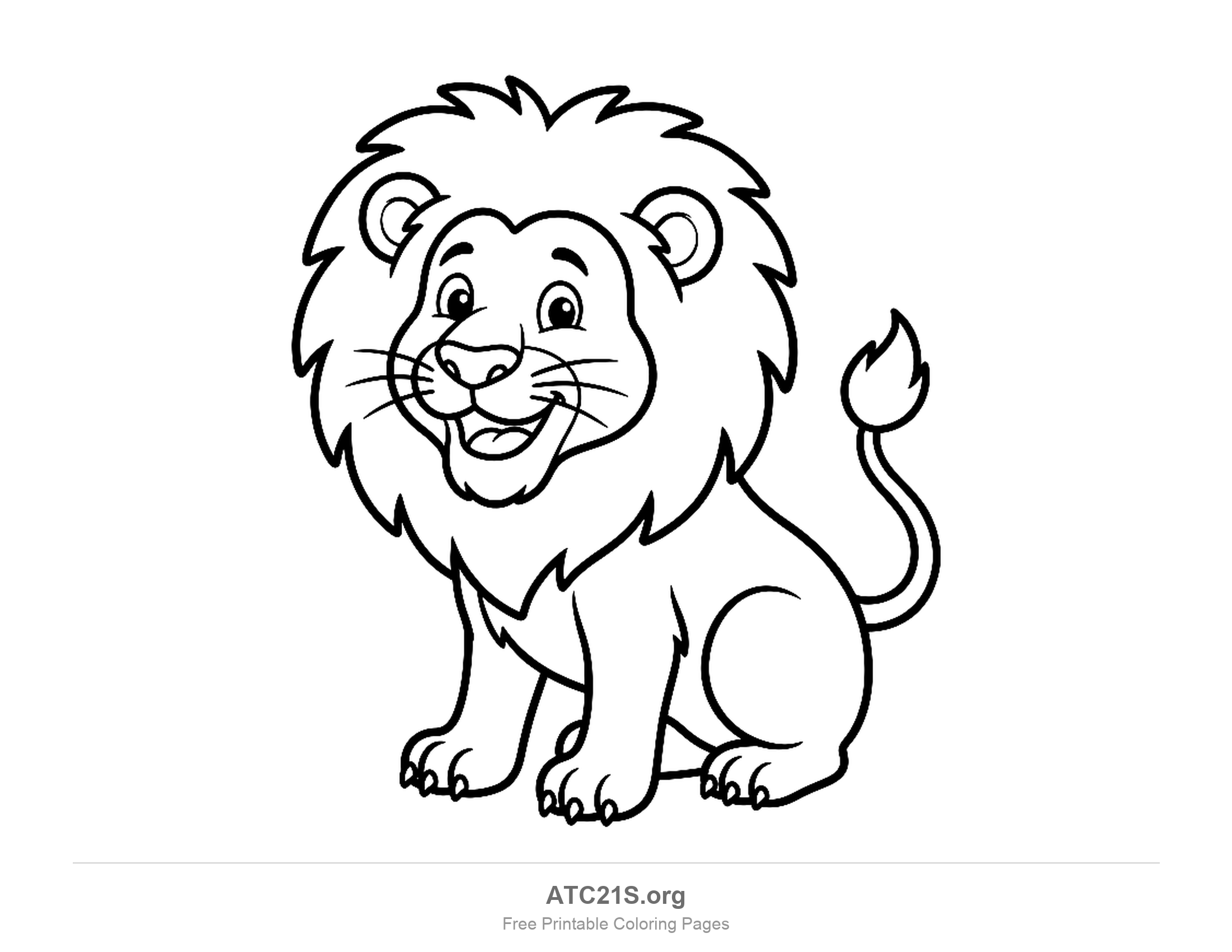 Happy lion with a big fluffy mane sitting down, coloring page to print
