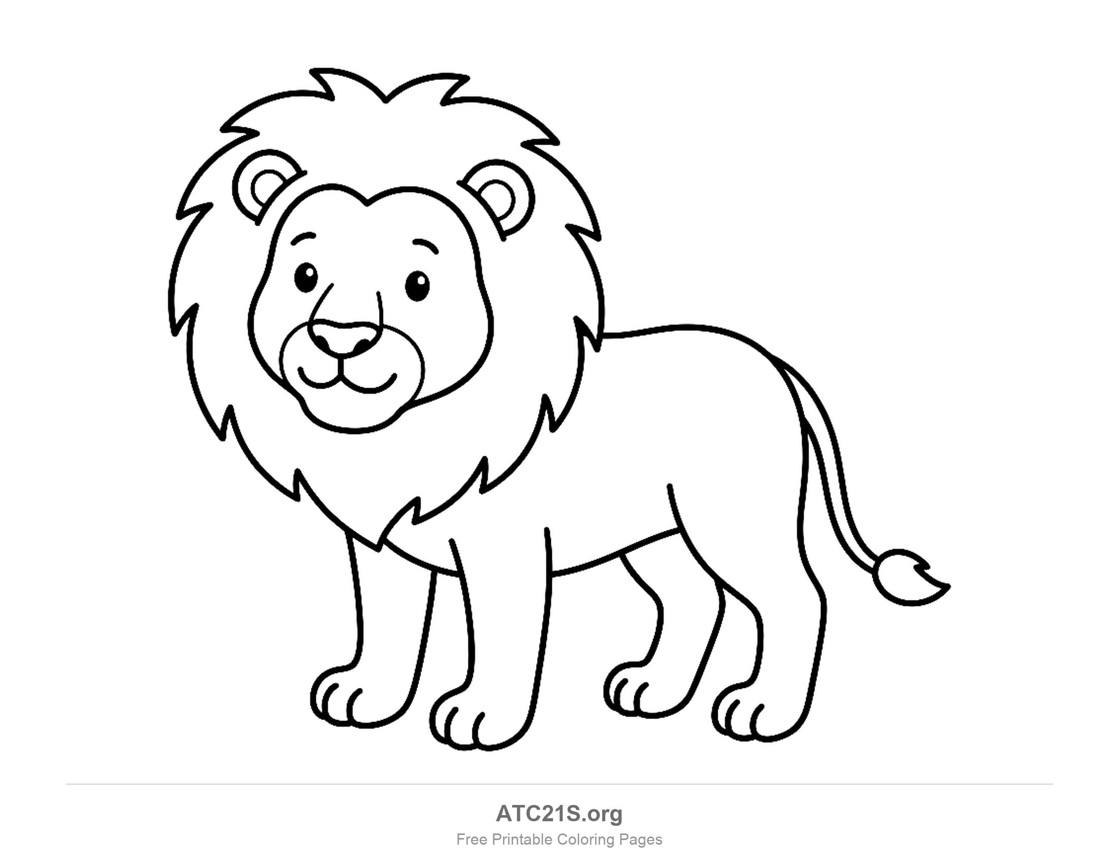 Simple thin-outline lion standing sideways, easy coloring page for toddlers