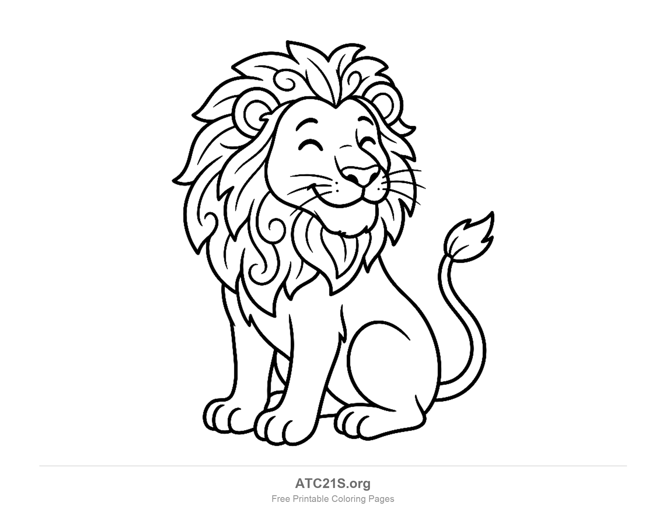 Sitting lion with a curly decorated mane and closed happy eyes, coloring page