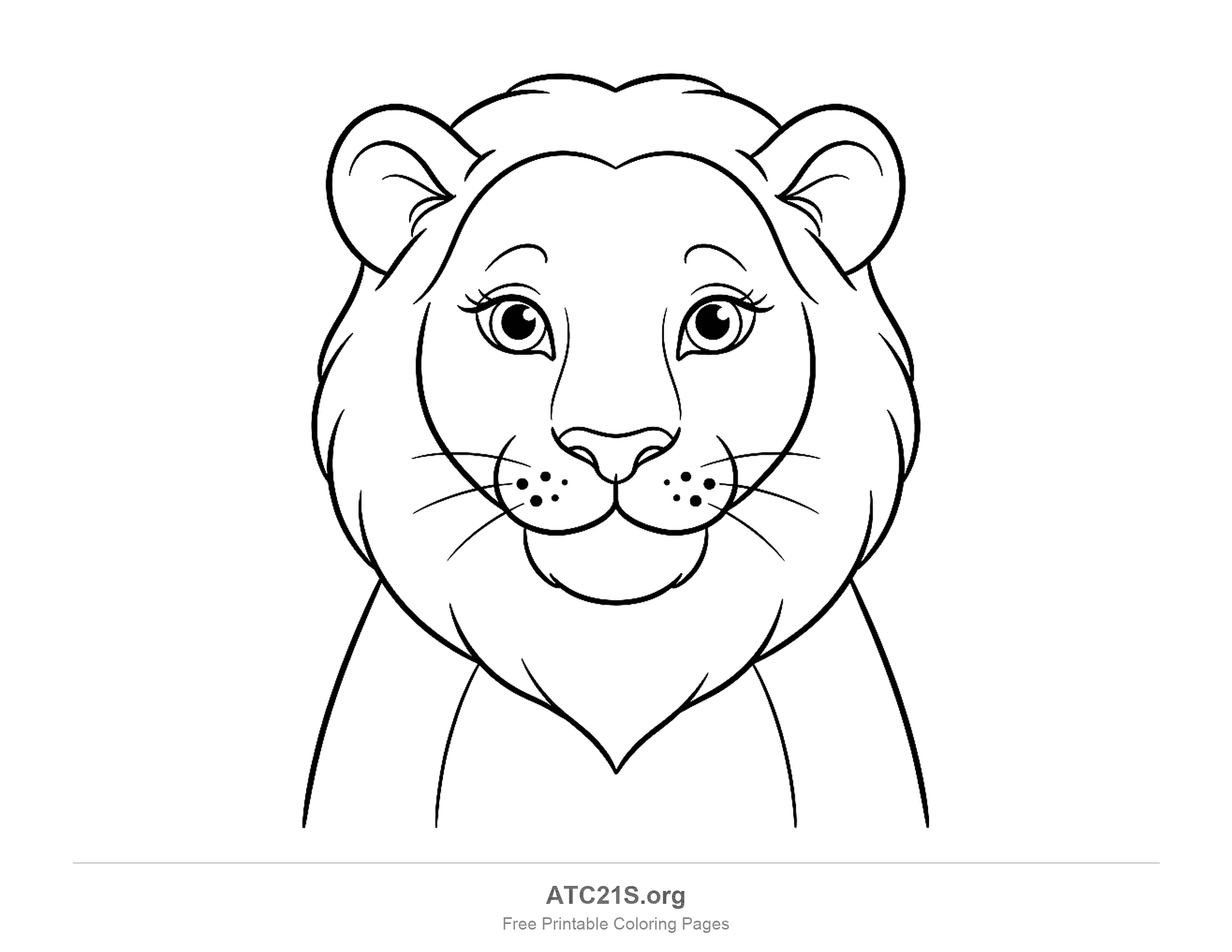 Close-up cartoon lioness face with round eyes, eyelashes, whiskers and a ruff around the chin, coloring page for preschoolers
