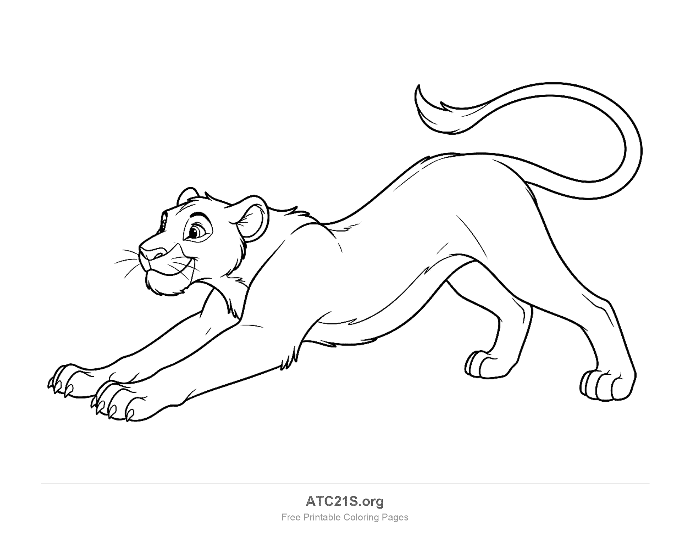 Playful cartoon lioness stretching its front paws forward with its tail raised in a high curve, printable coloring page