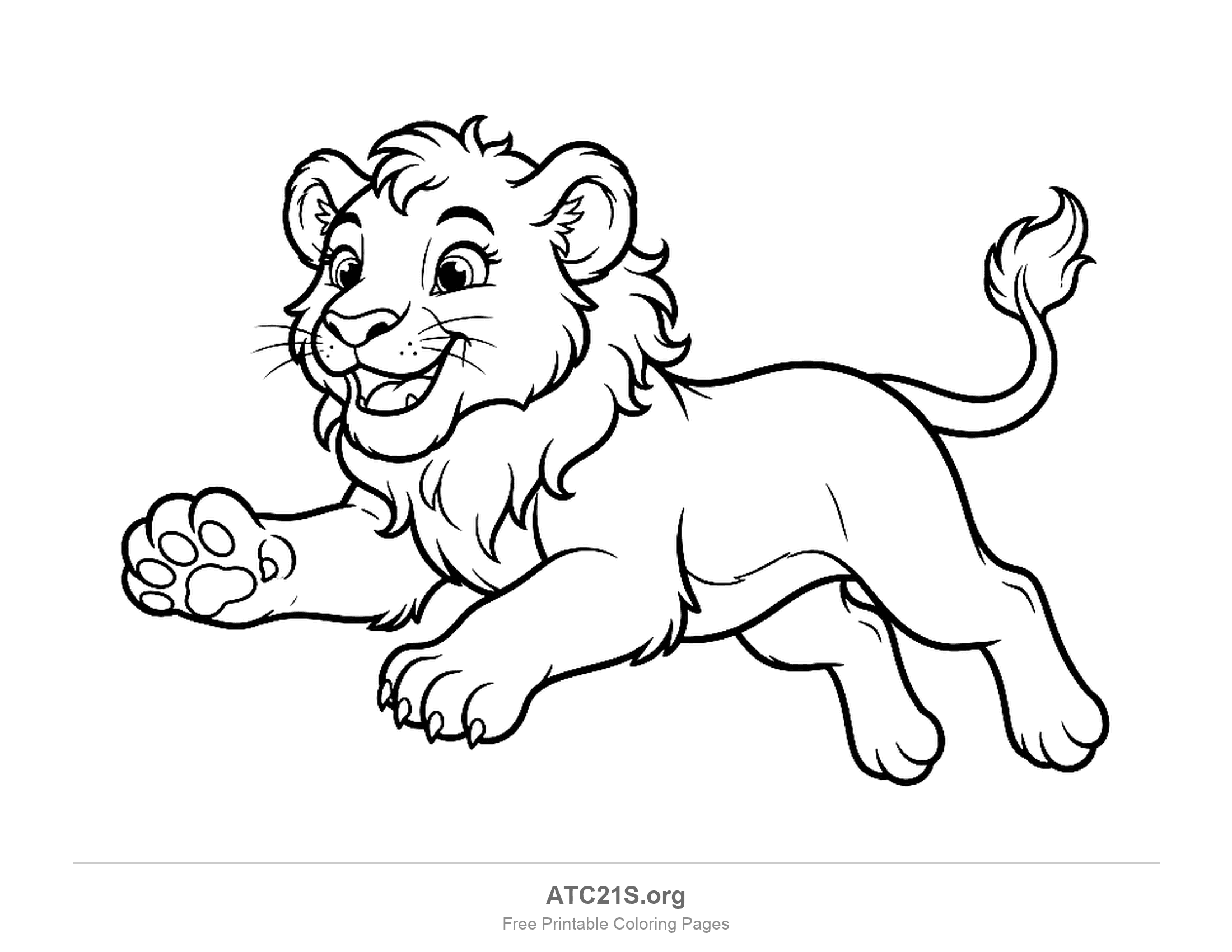 Cute cartoon lioness leaping forward with one paw showing its pads, a fluffy neck ruff and a smiling open mouth, coloring page for kids