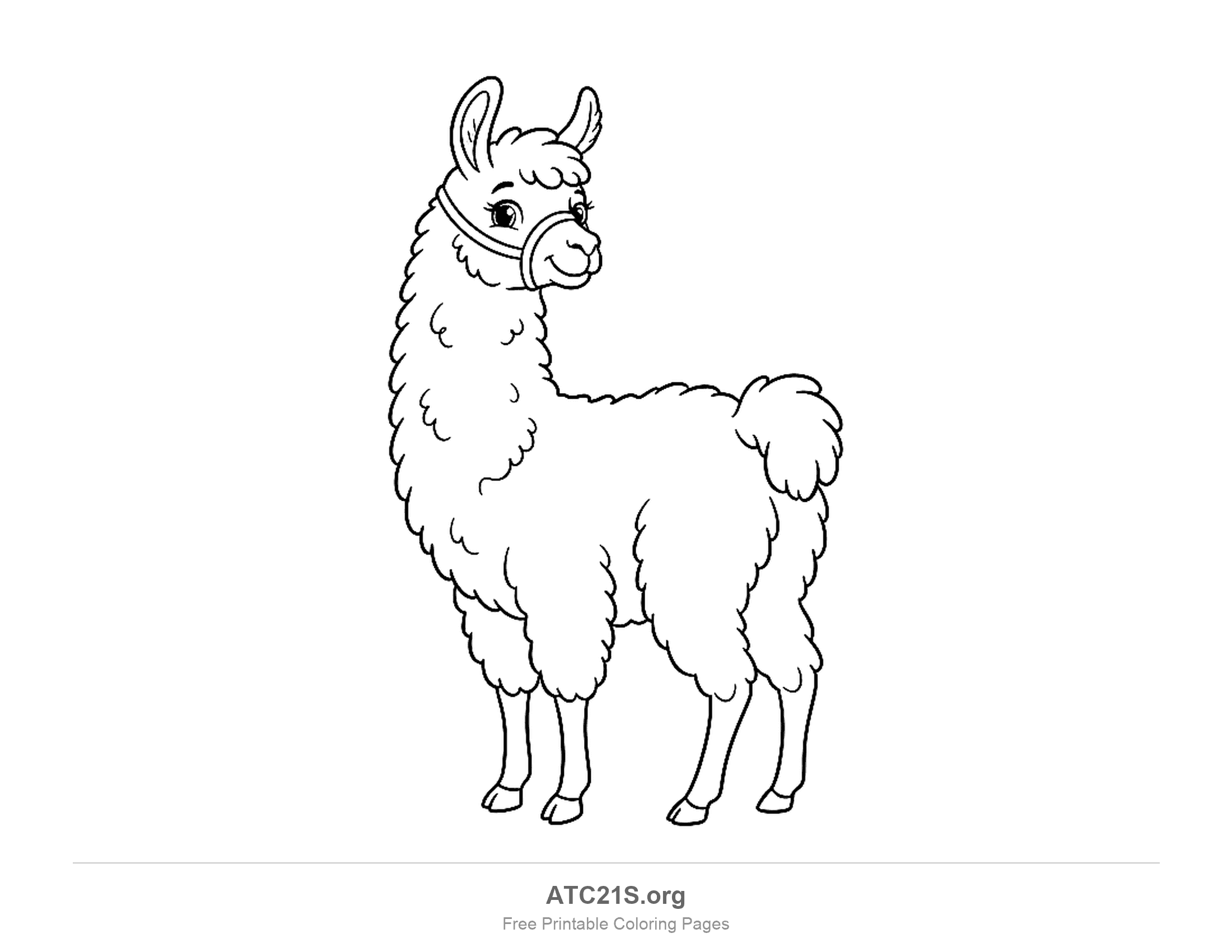 Llama standing and looking back over its shoulder with a simple noseband, banana-shaped ears and a fluffy tail, simple coloring page for preschoolers