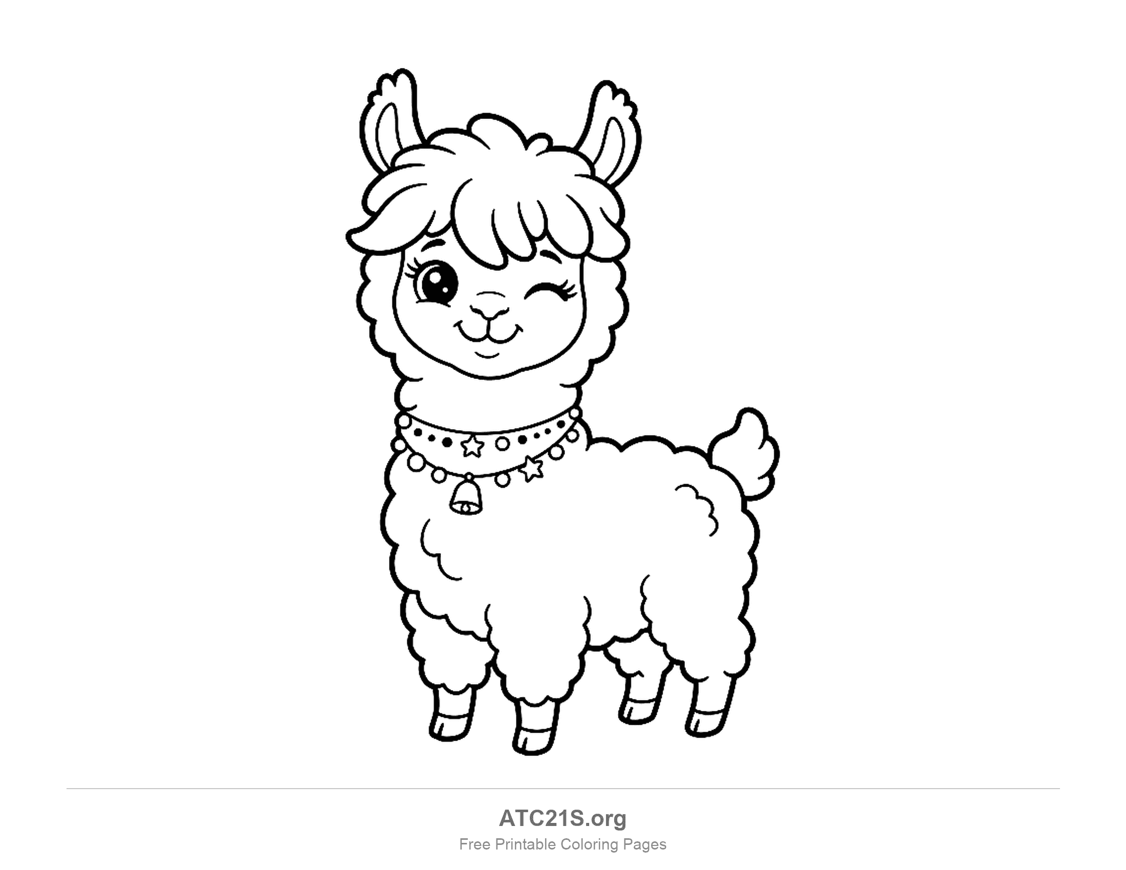 Cute cartoon llama standing facing forward, winking one eye, with fluffy bangs, a star collar and a small bell, printable coloring page