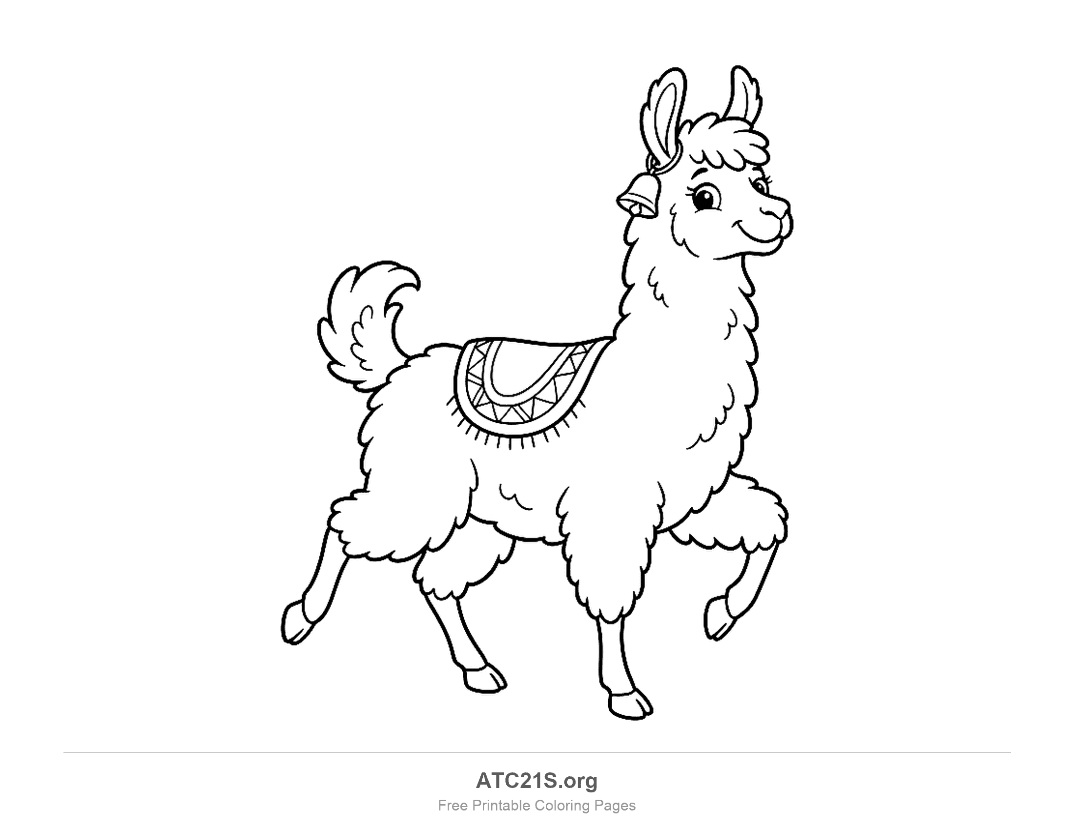 Playful llama prancing with one front leg raised, a small patterned saddle and a bell on its ear, coloring page for kids