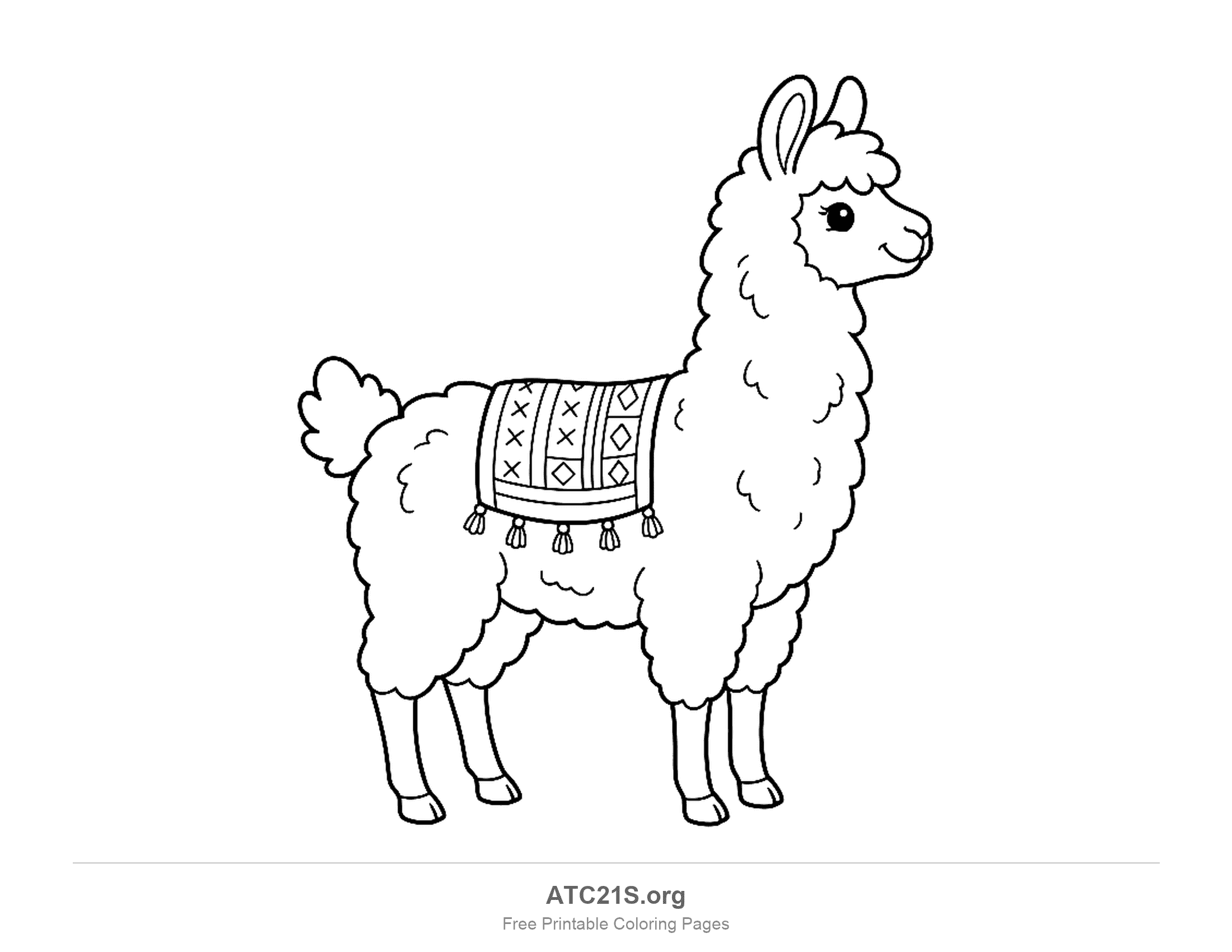 Llama standing in profile with a patterned saddle blanket of crosses, diamonds and tassels, coloring page