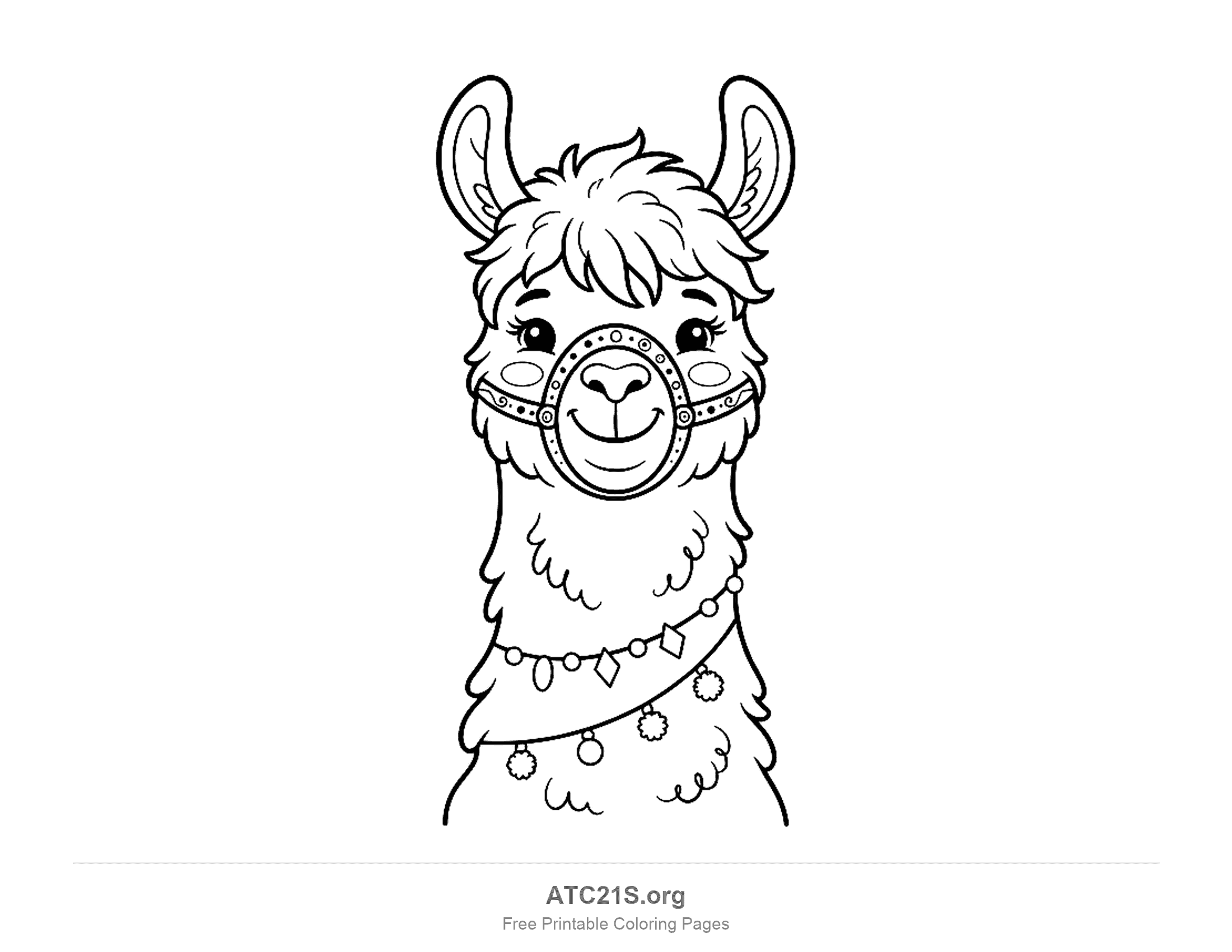 Close-up smiling llama face with fluffy bangs, a decorated noseband and a necklace of pom-poms and diamonds, coloring page