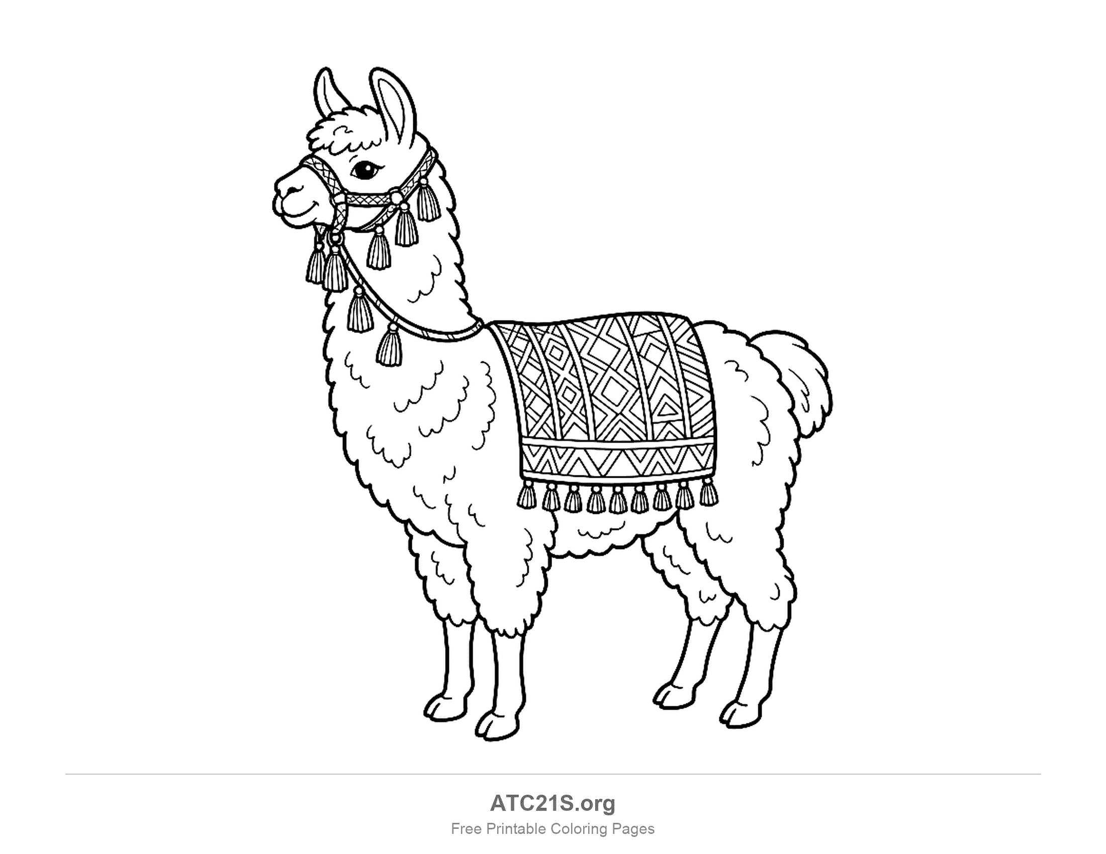 Detailed llama standing with a tasseled bridle and an ornate geometric saddle blanket with tassels, coloring page for older kids