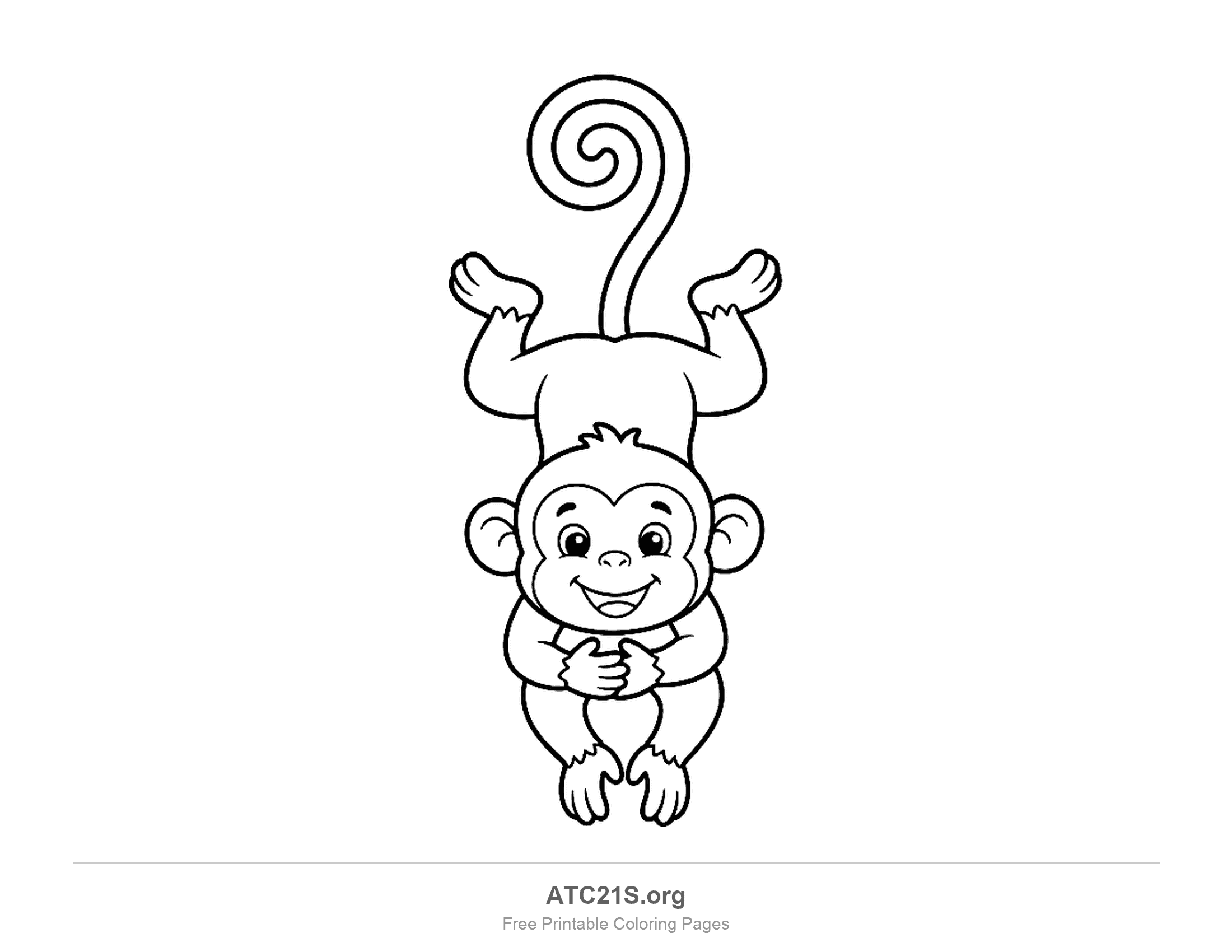 Cute cartoon monkey hanging upside down from a spiral-curled tail with its hands clasped, simple coloring page for preschoolers