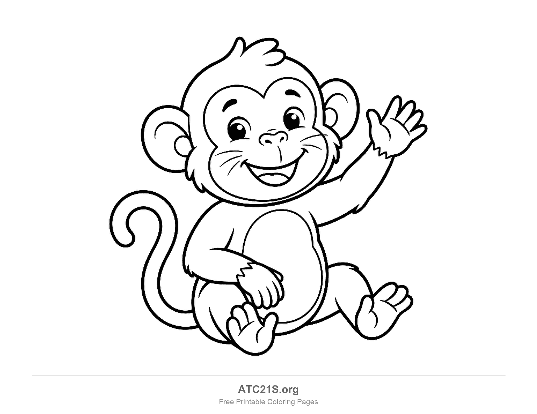 Smiling cartoon monkey sitting down and waving one hand, with a curled tail behind it, printable coloring page
