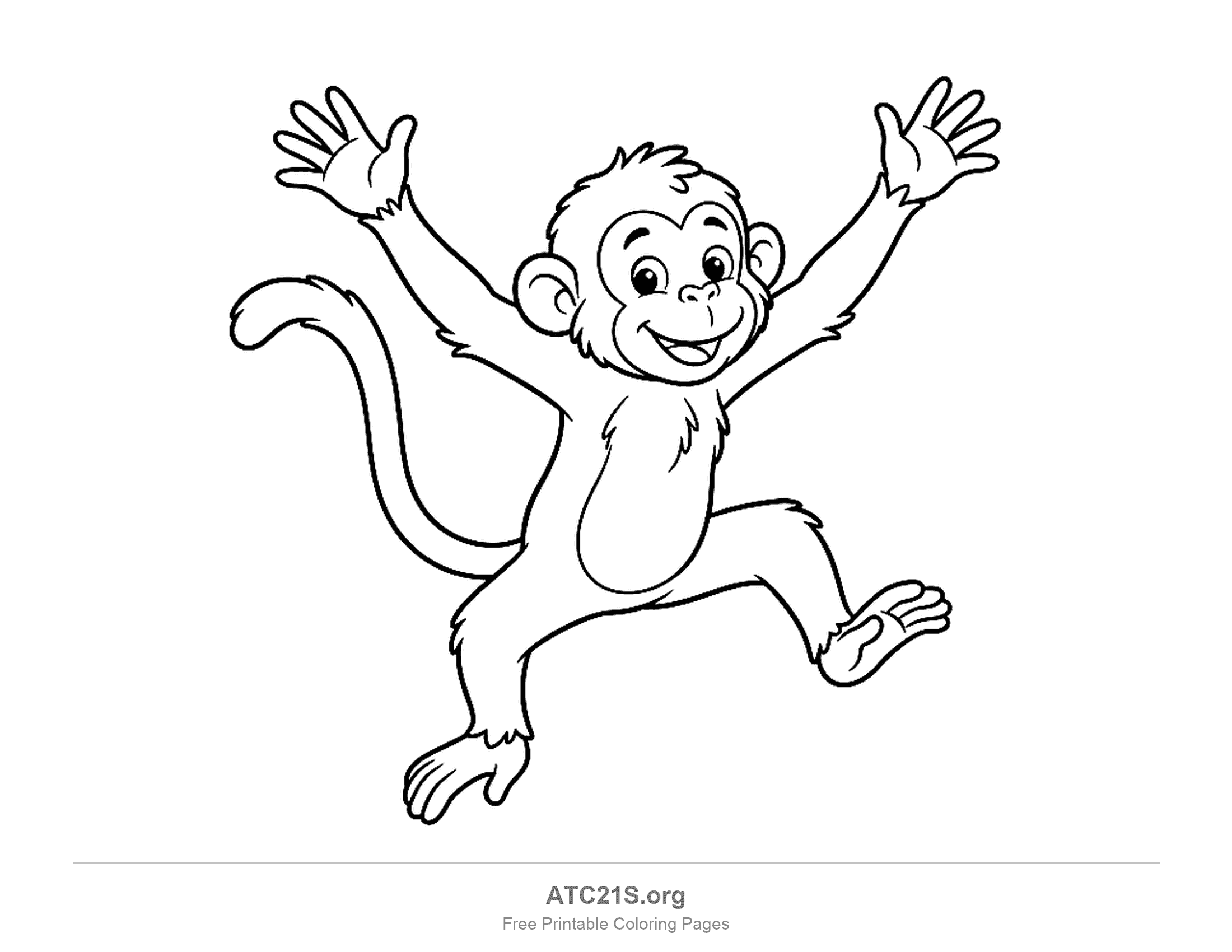 Happy monkey jumping with both arms raised and legs kicking, tail streaming behind, coloring page for kids