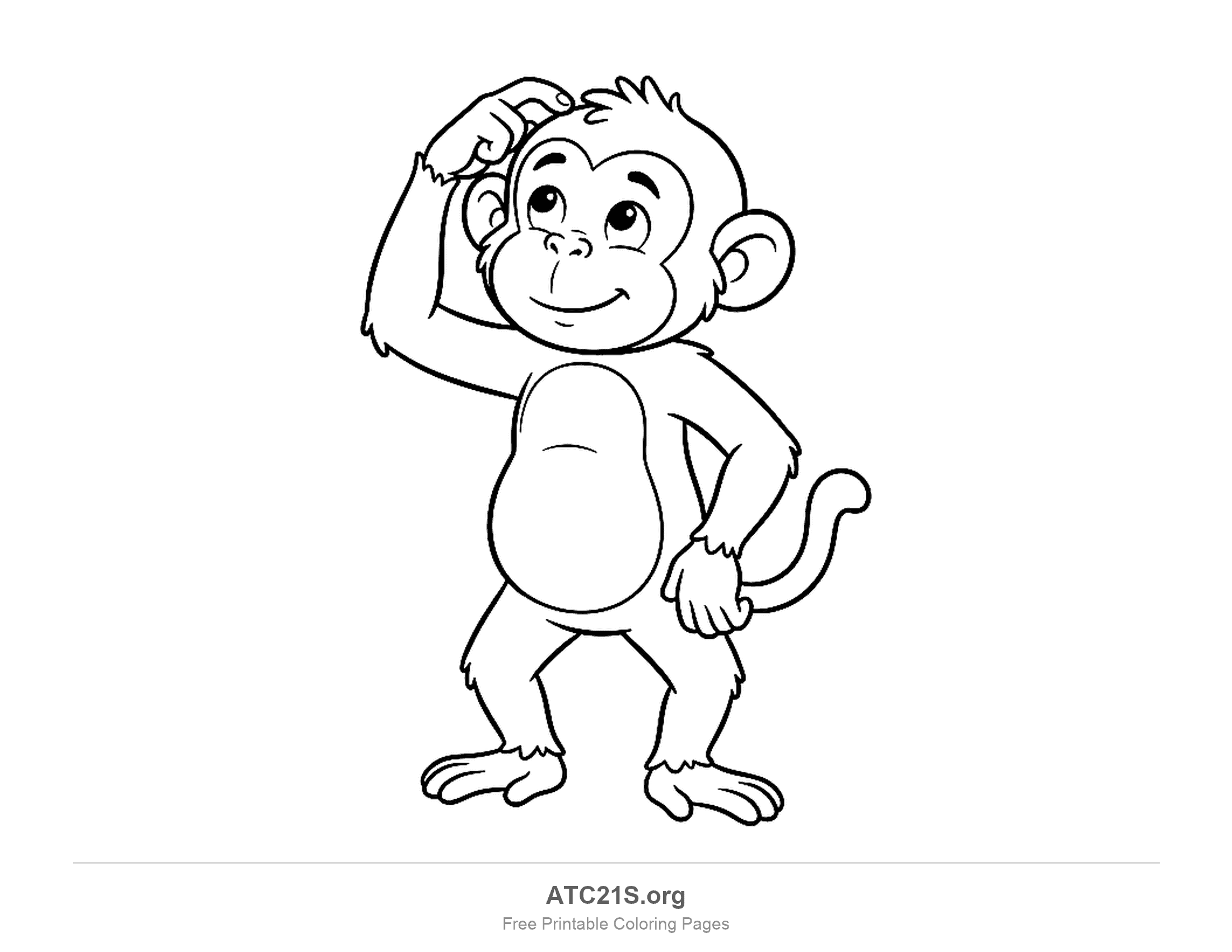 Curious monkey standing and scratching its head with one hand on its hip, coloring page to print