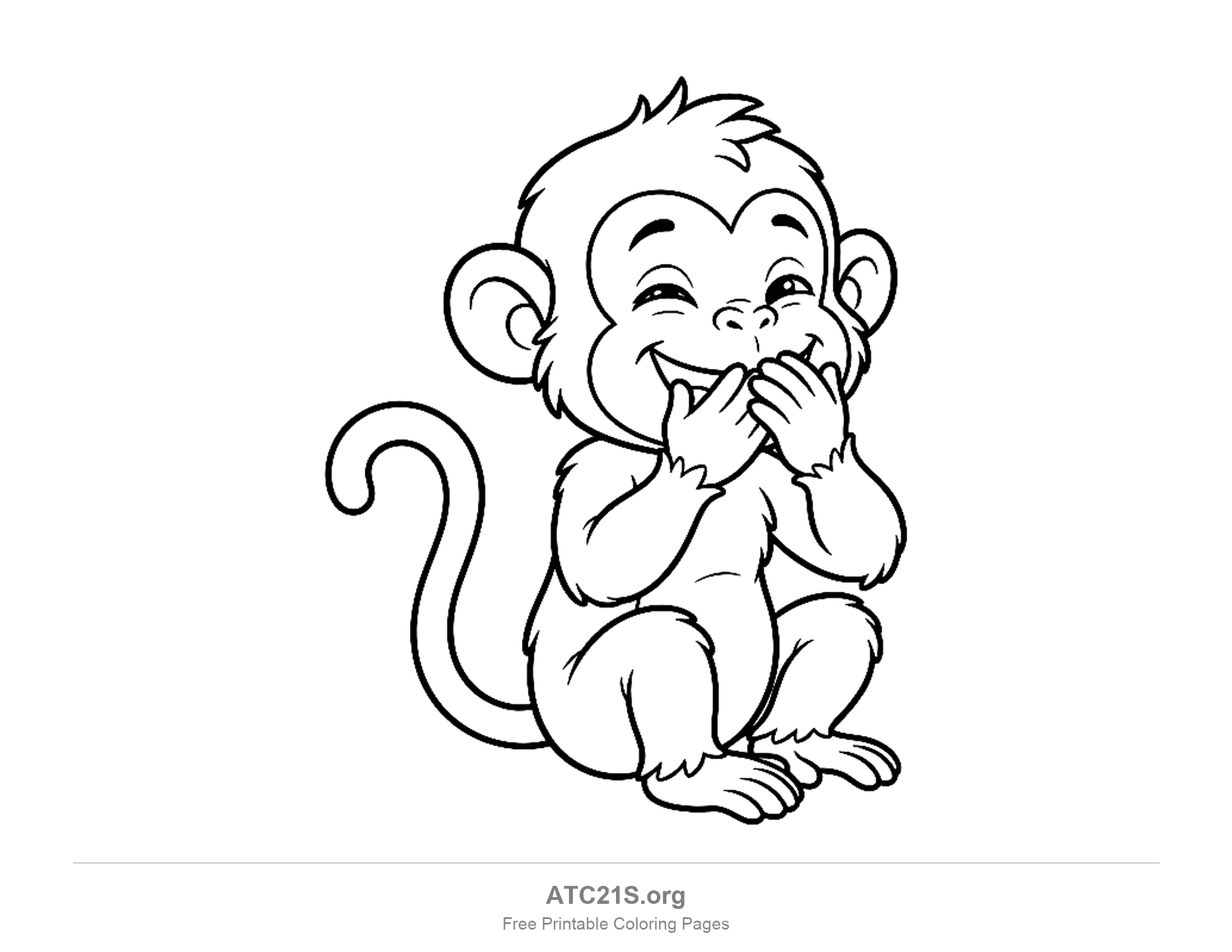 Giggling monkey sitting with both hands over its mouth and squinting happy eyes, coloring page