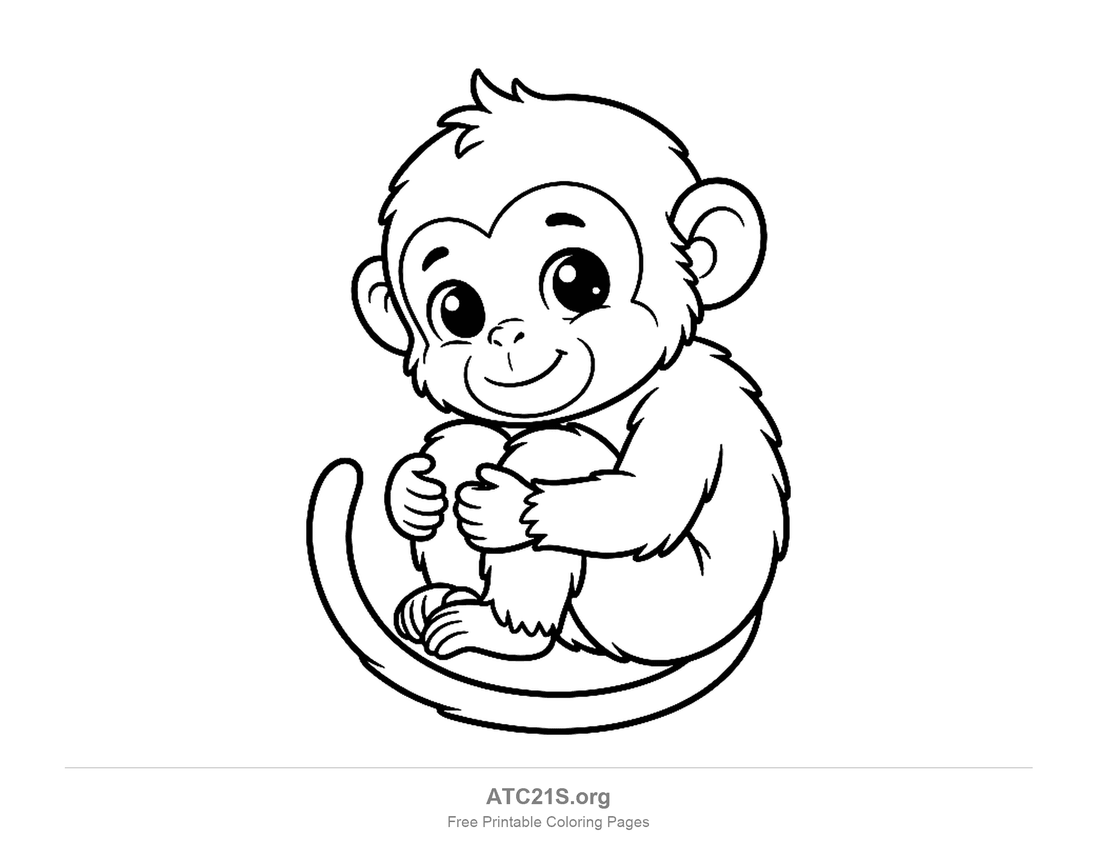 Baby monkey sitting and hugging its knees with big round eyes and a tail curled around, detailed coloring page