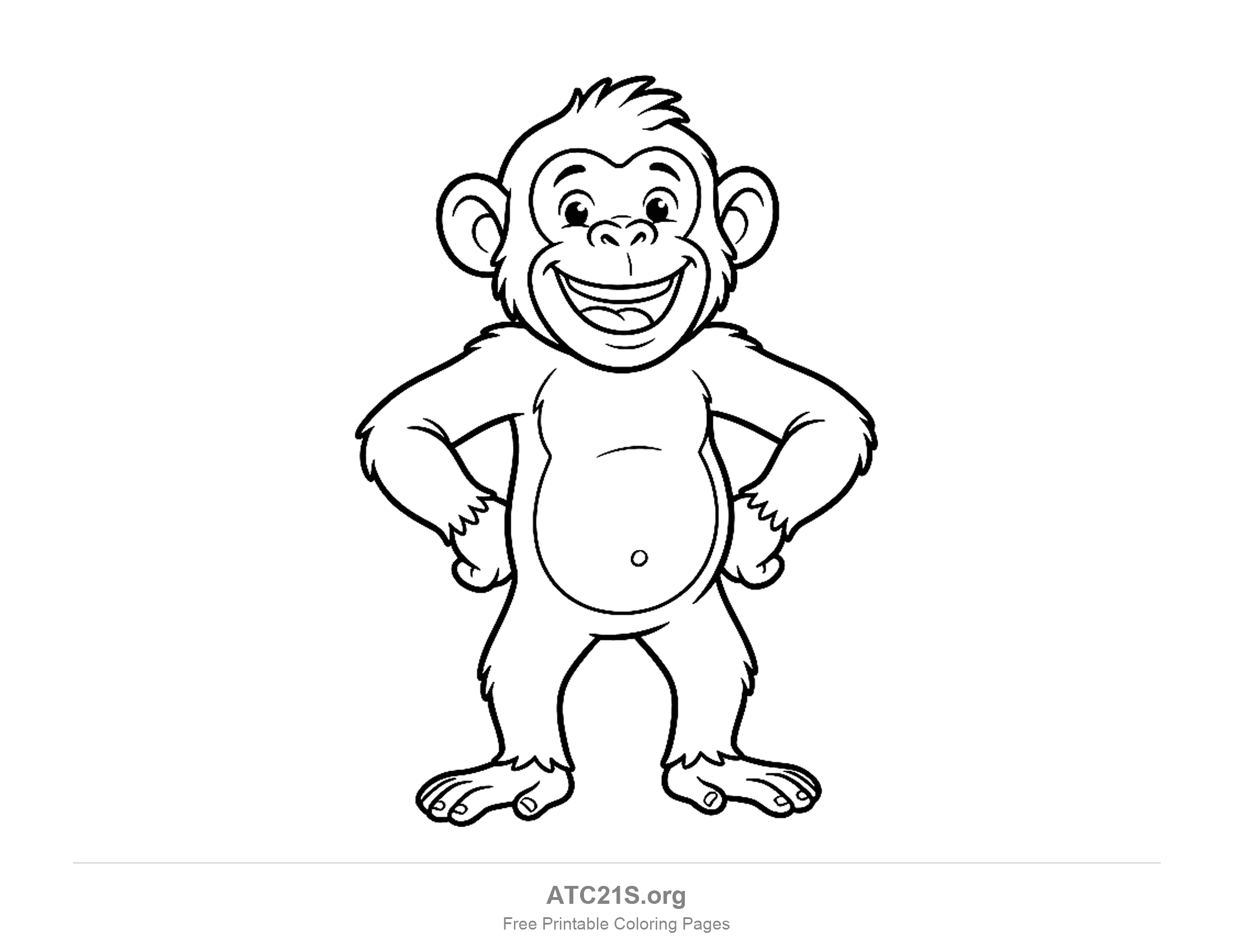 Proud standing monkey with hands on its hips, a wide grin and furry arms, coloring page for older kids
