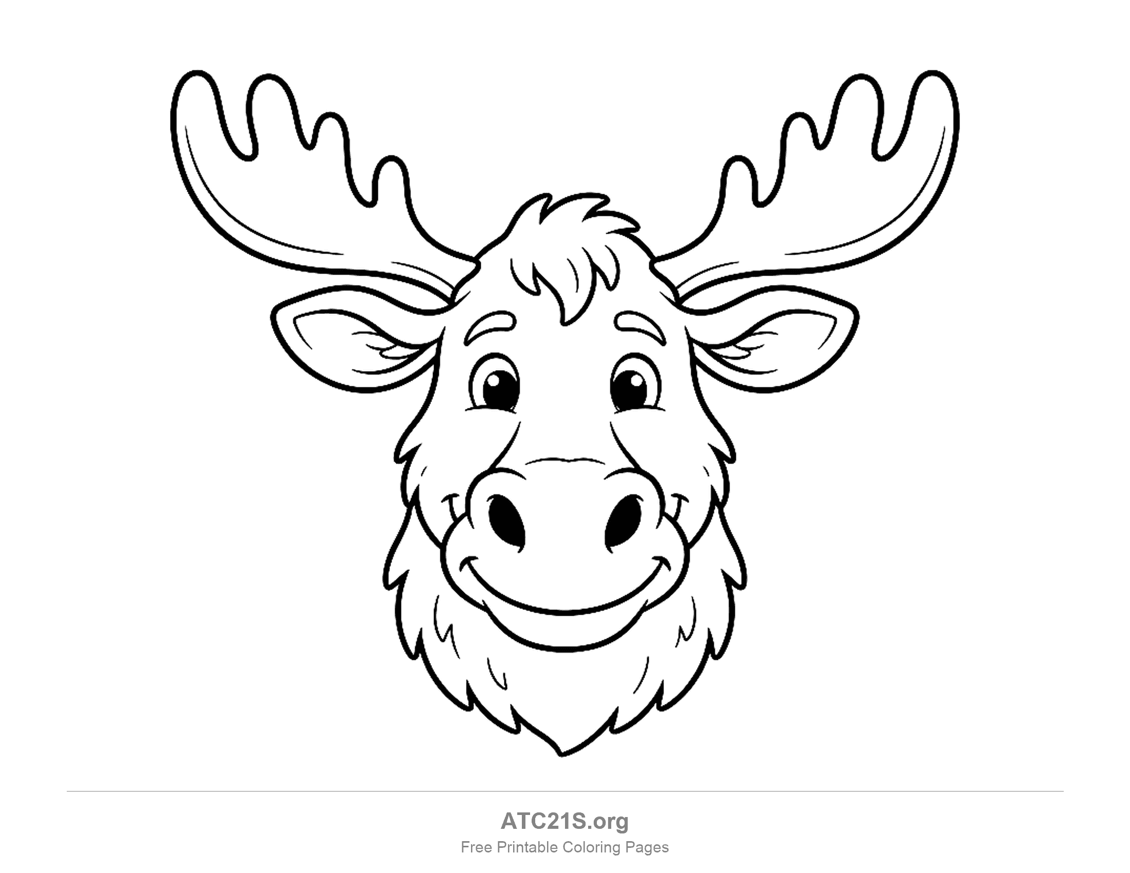Cute smiling moose face with palmate antlers, big round eyes, a large nose and a fluffy beard, coloring page for preschoolers