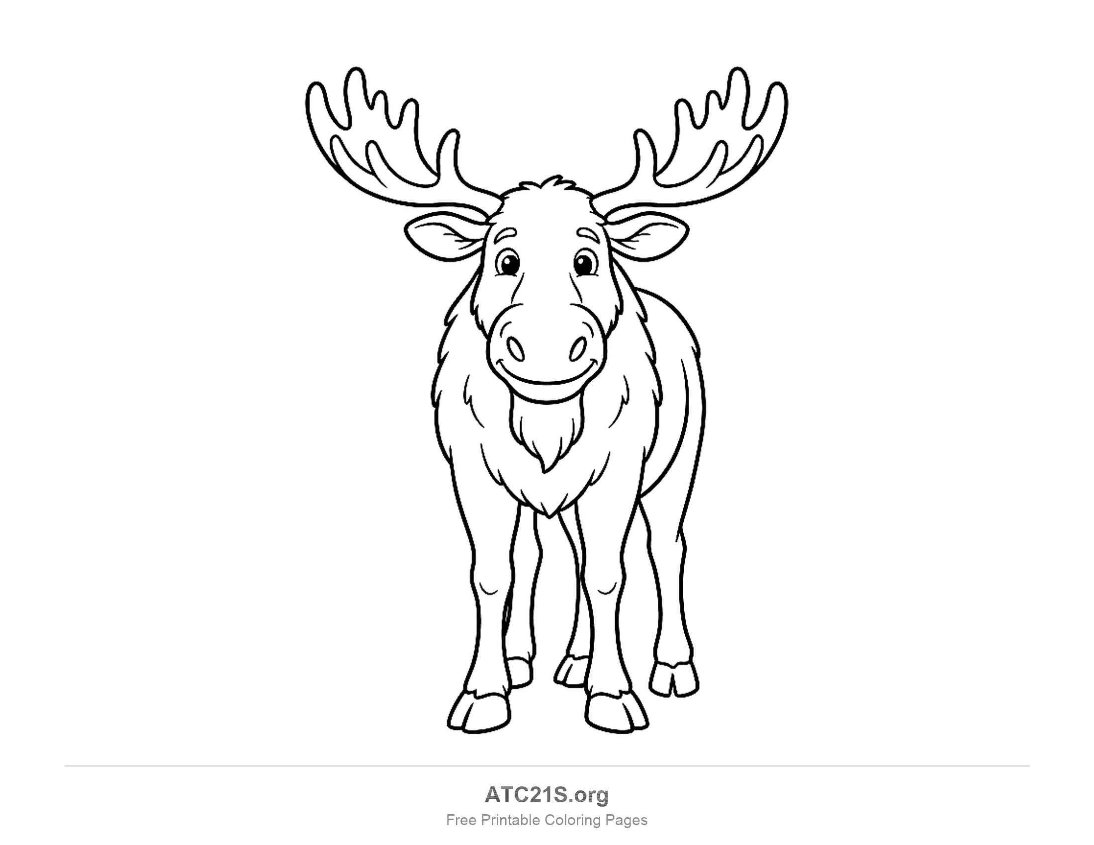 Cute moose standing facing forward with palmate antlers, a dewlap under its chin and four hooves, printable coloring page