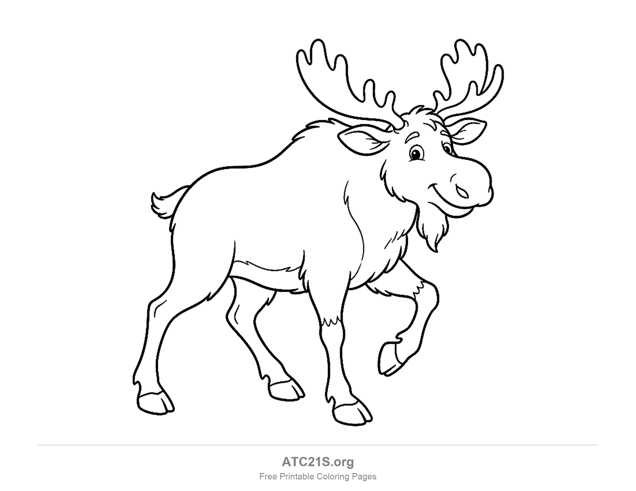 Smiling moose walking with one front hoof raised, palmate antlers and a dewlap, coloring page