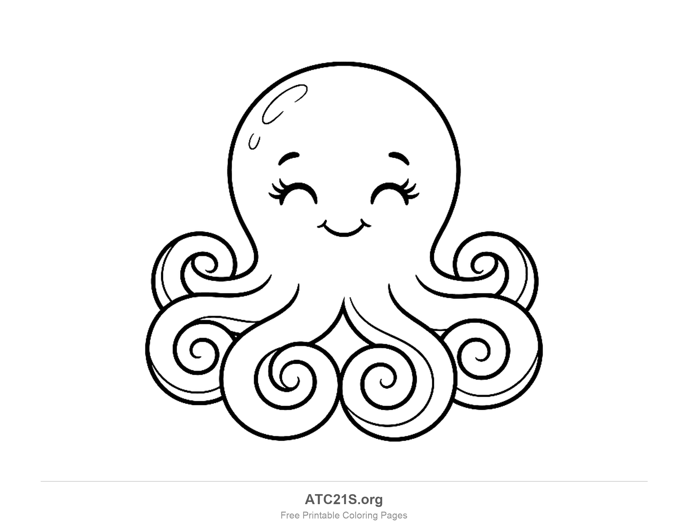 Cute octopus with closed happy eyes and tentacles curled into spirals, simple coloring page for preschoolers
