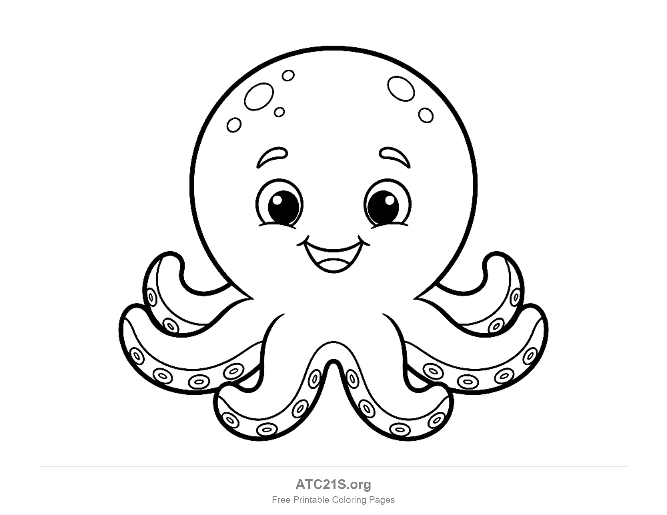Chubby baby octopus with a big round spotted head, a wide smile and short tentacles with suckers, printable coloring page