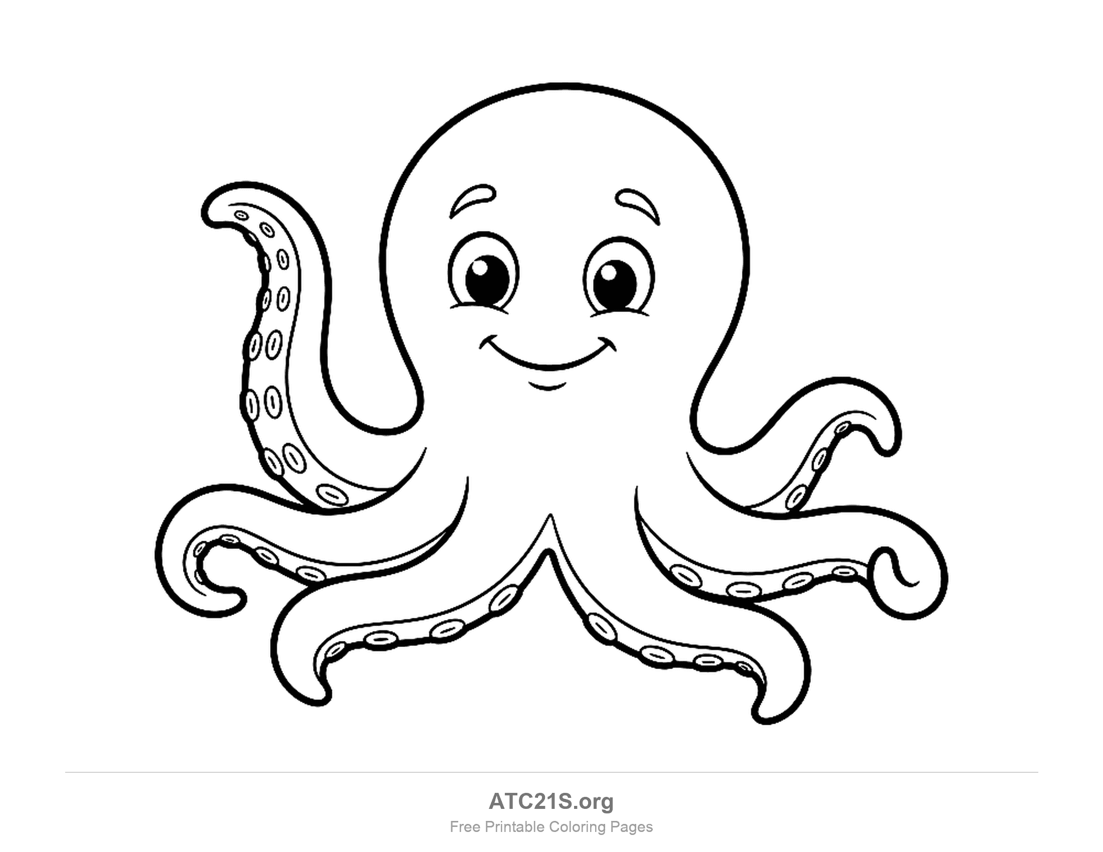 Cute smiling octopus waving one tentacle, with suckers on the arms, coloring page to print