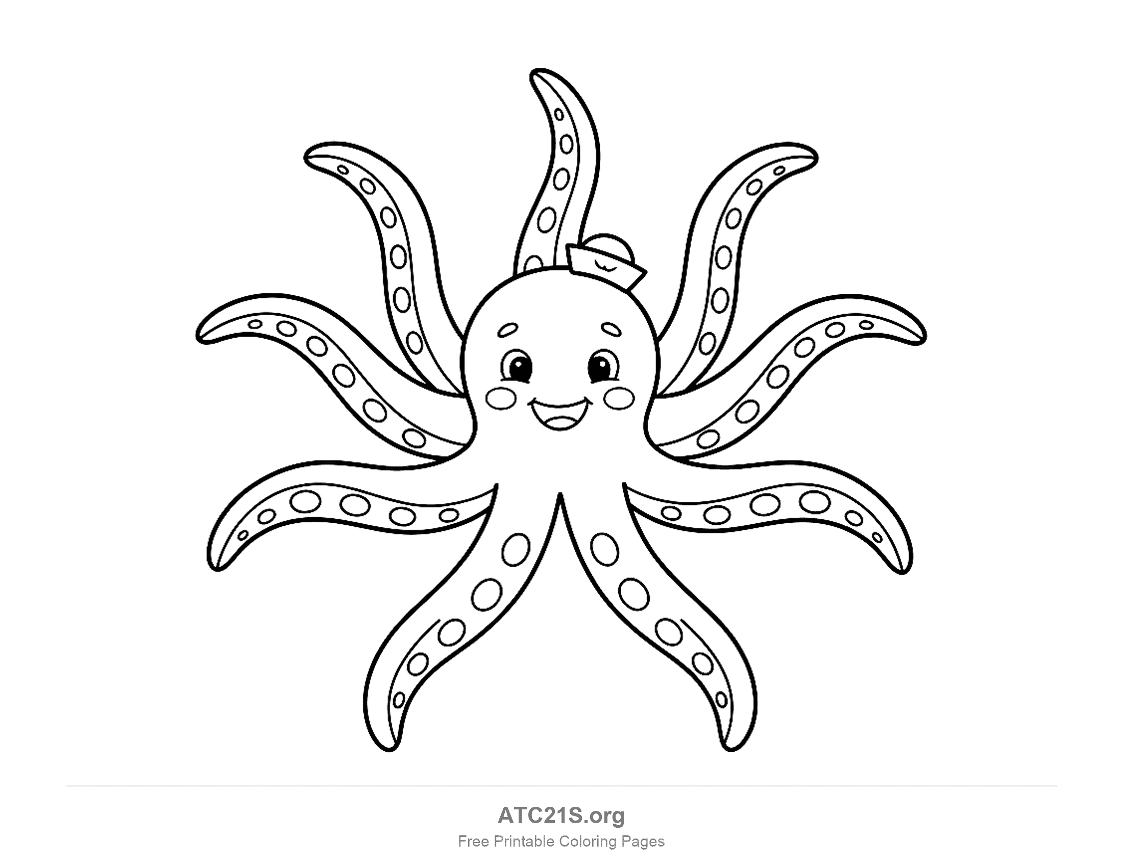 Cheerful octopus wearing a tiny sailor hat with eight tentacles splayed like a star, coloring page for kids