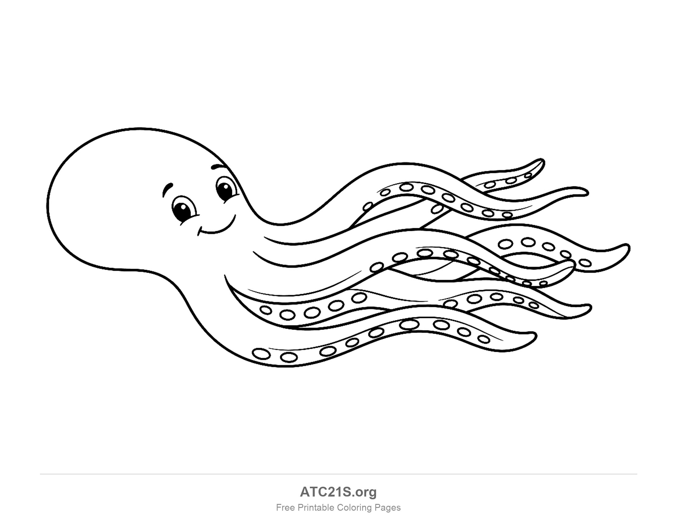 Octopus swimming in side view with a round head and tentacles streaming behind, coloring page