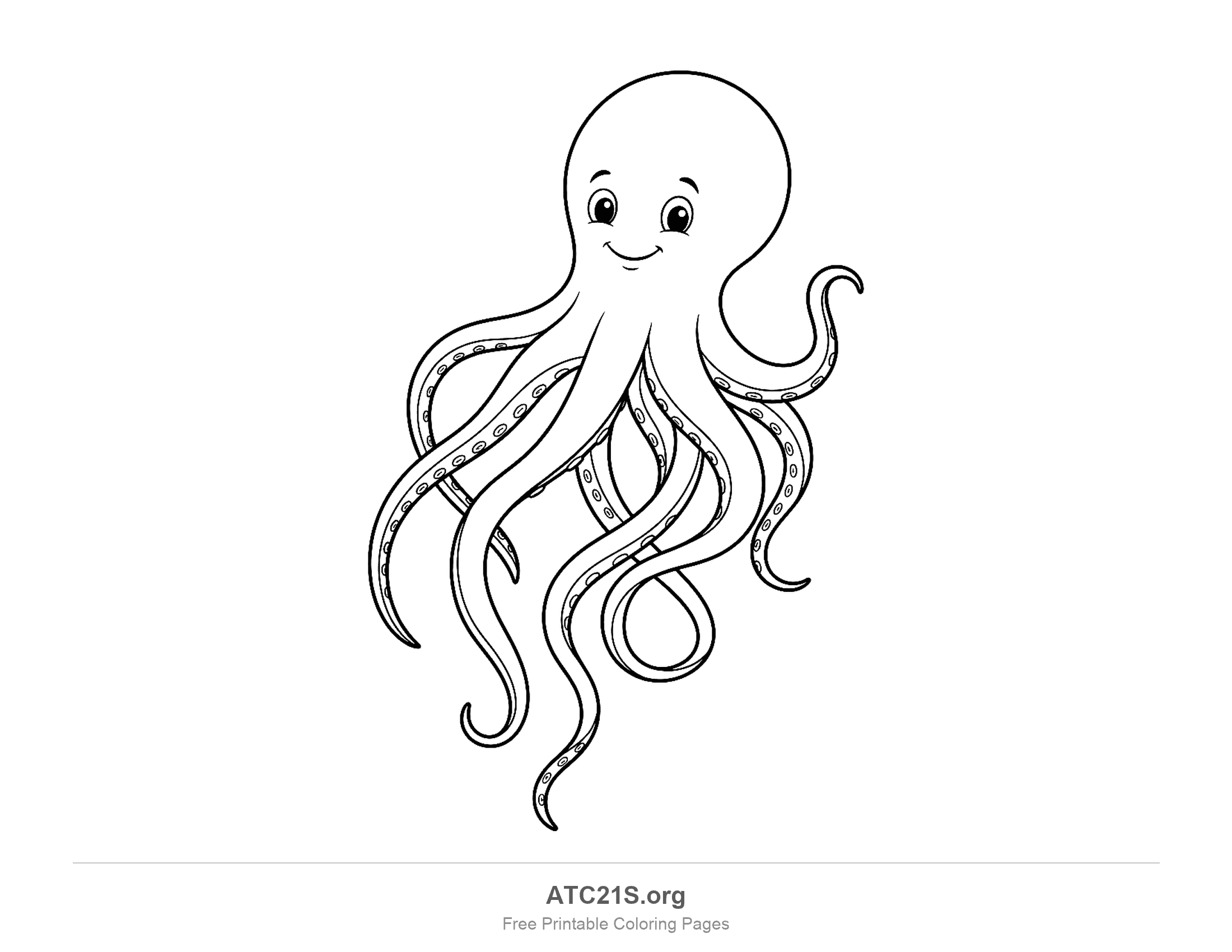 Octopus swimming upward with a round smiling head and long flowing tentacles trailing down, coloring page