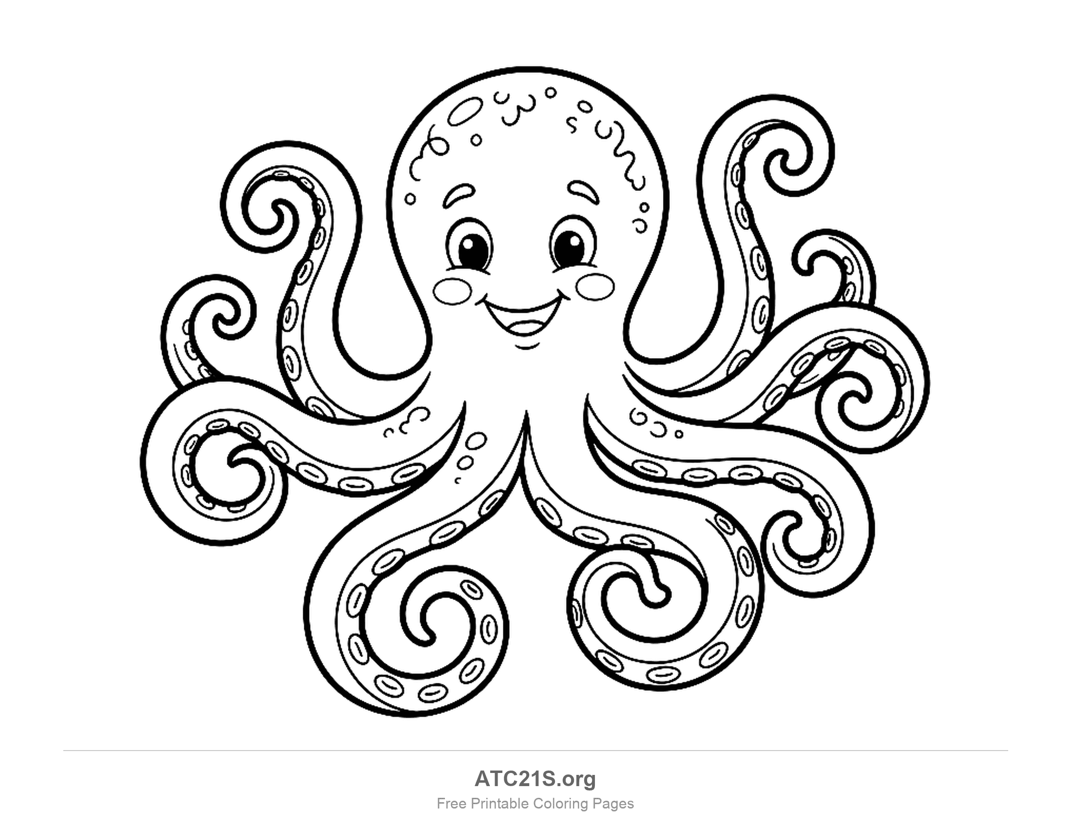 Detailed octopus with corkscrew-curled tentacles, suckers and spots on its head, coloring page for older kids