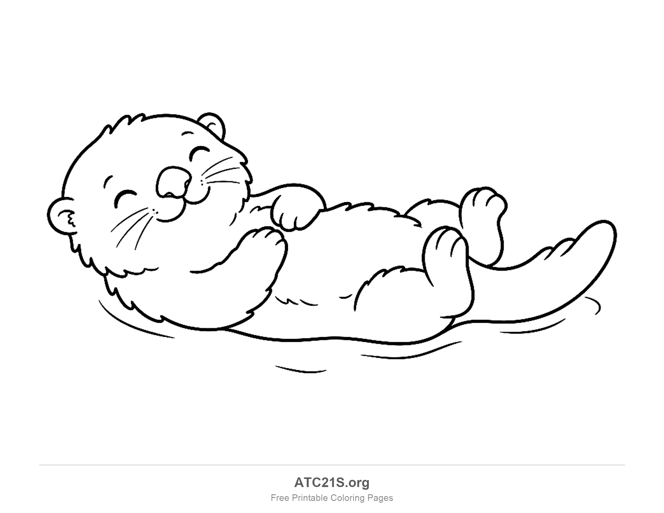 Cute cartoon otter floating on its back in the water with closed happy eyes, paws on its chest and a round tail, simple coloring page for preschoolers